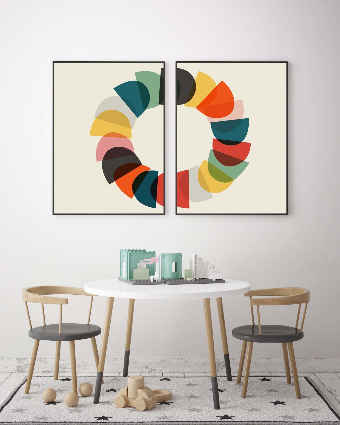 Set of 2 Colorful Mid Century Abstract, Split Wall Art Prints