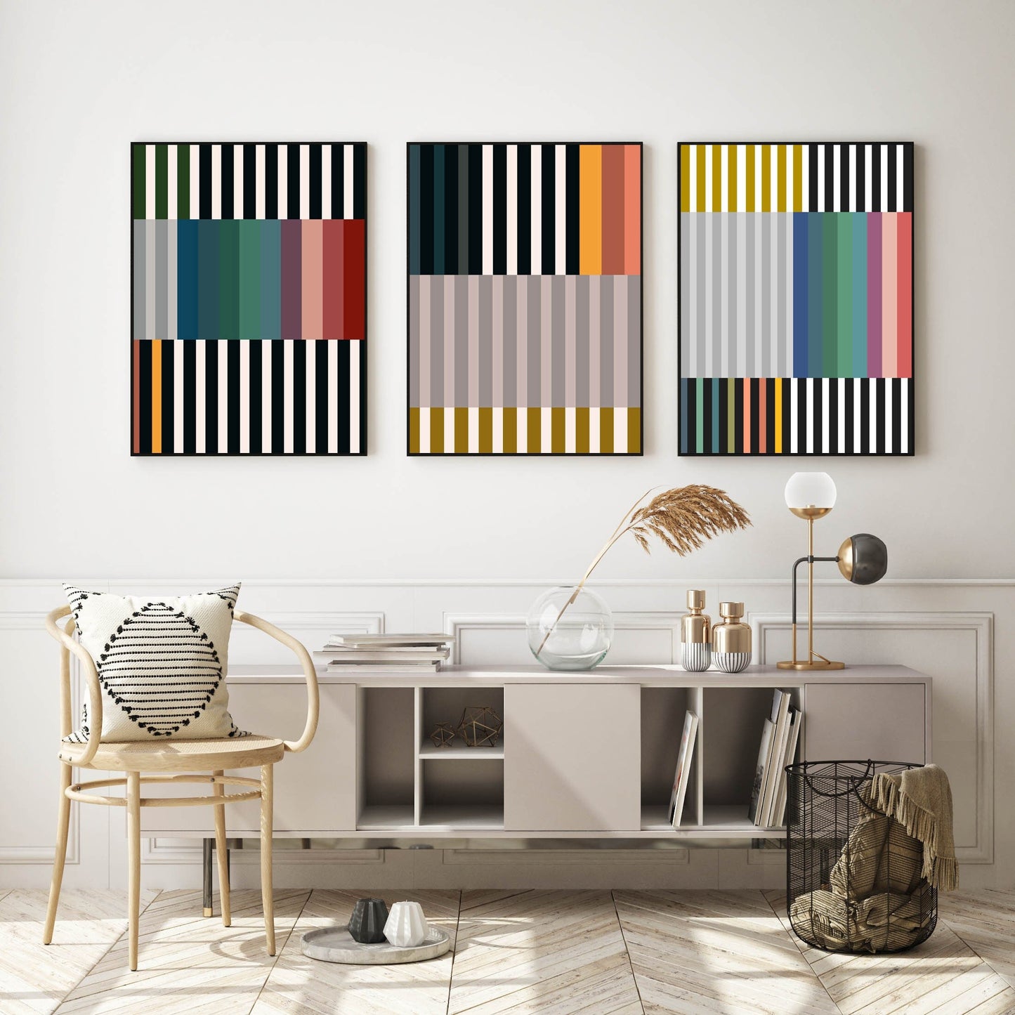 Set of 3 Bright Bold Modern Striped Prints