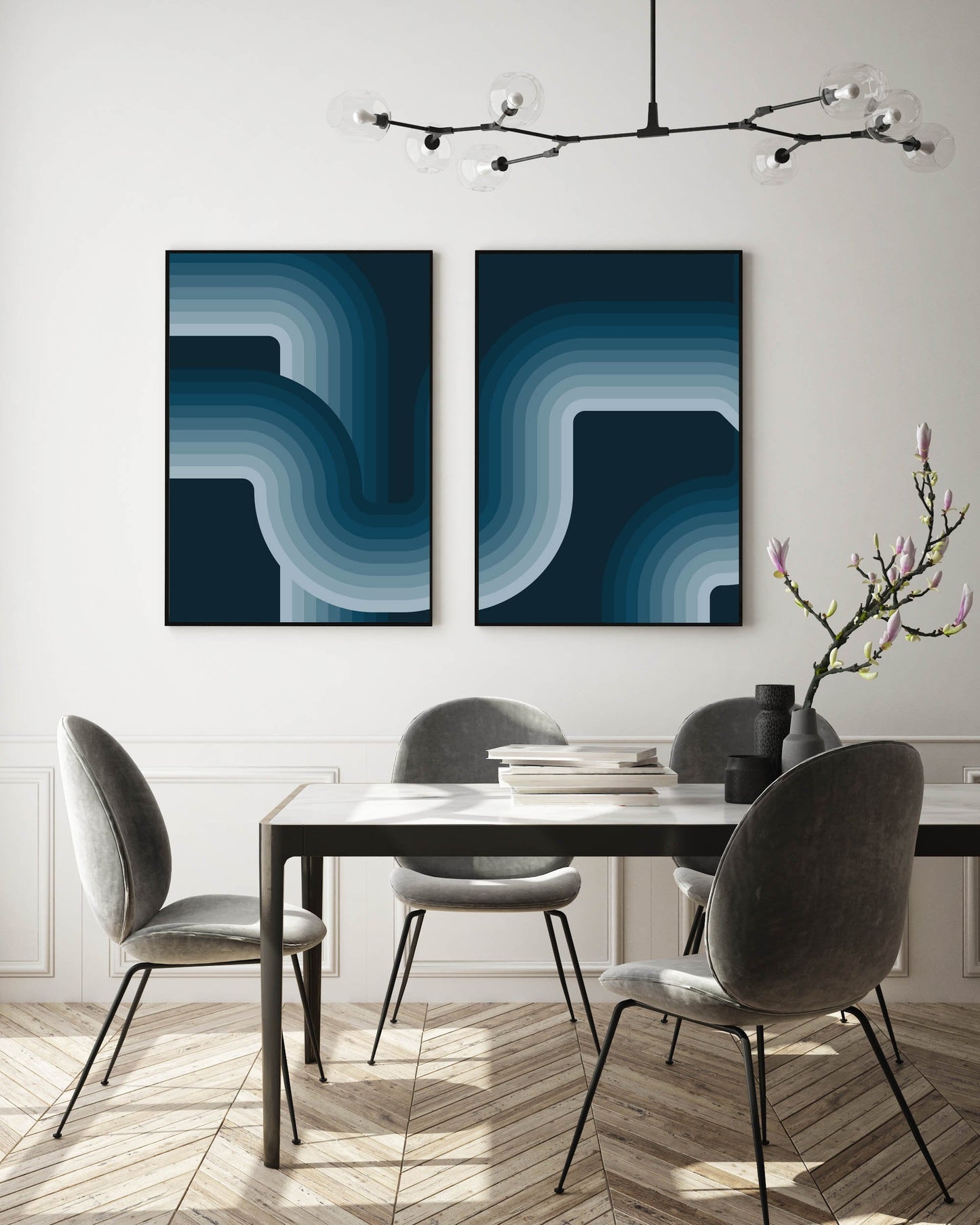 Set of 3 Bold Blue Retro Abstract Gallery Art Prints
