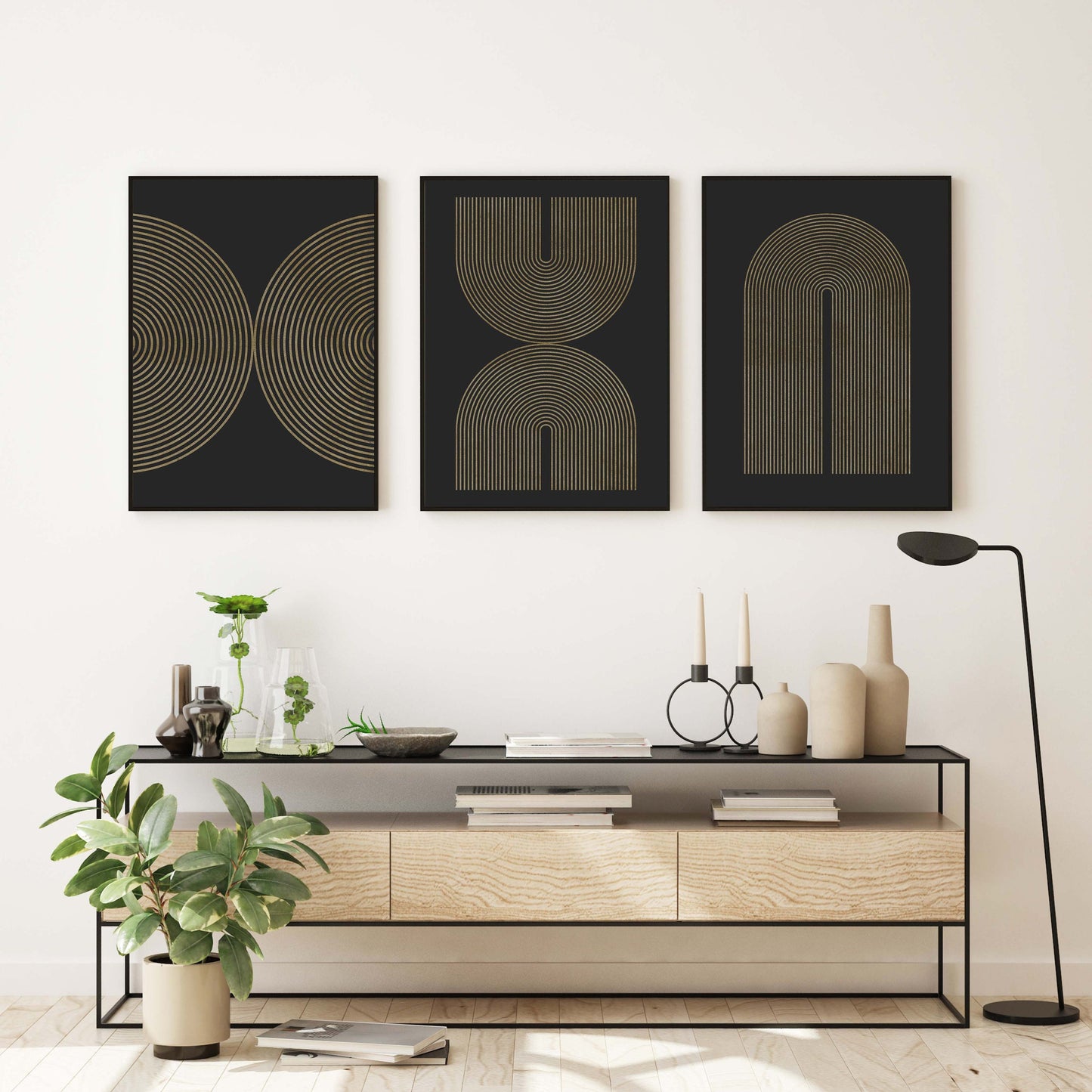 Set of 3 Dark Gray and Gold Mid Century Prints