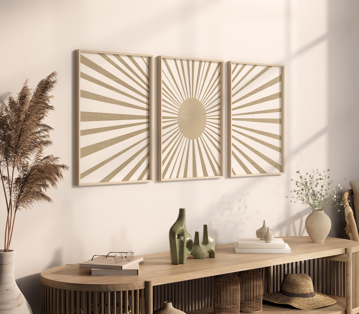 Set of 3 Boho Neutral Sun and Rays Art Prints