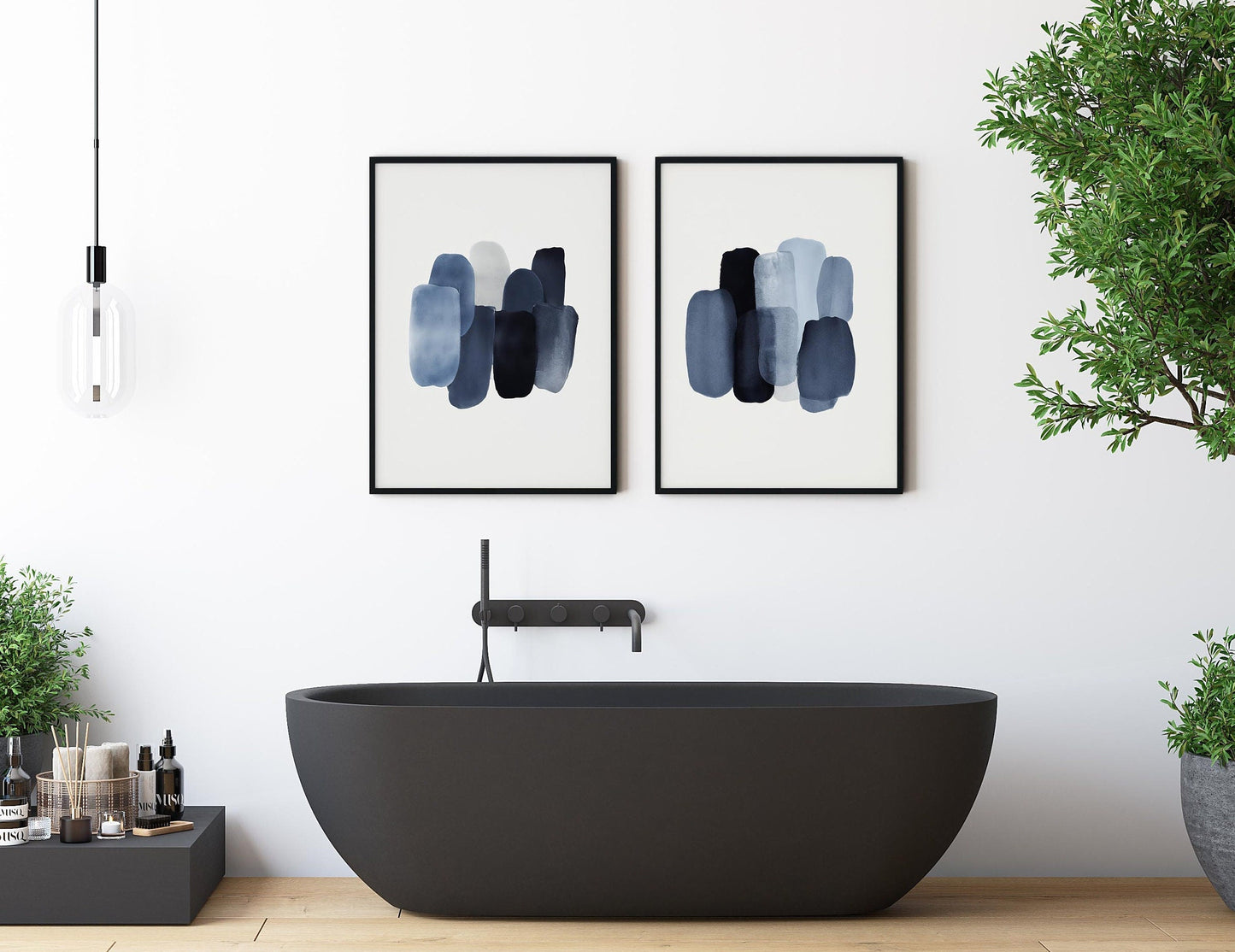 Set of 2 Blue Abstract Brush Strokes Art Watercolor Prints