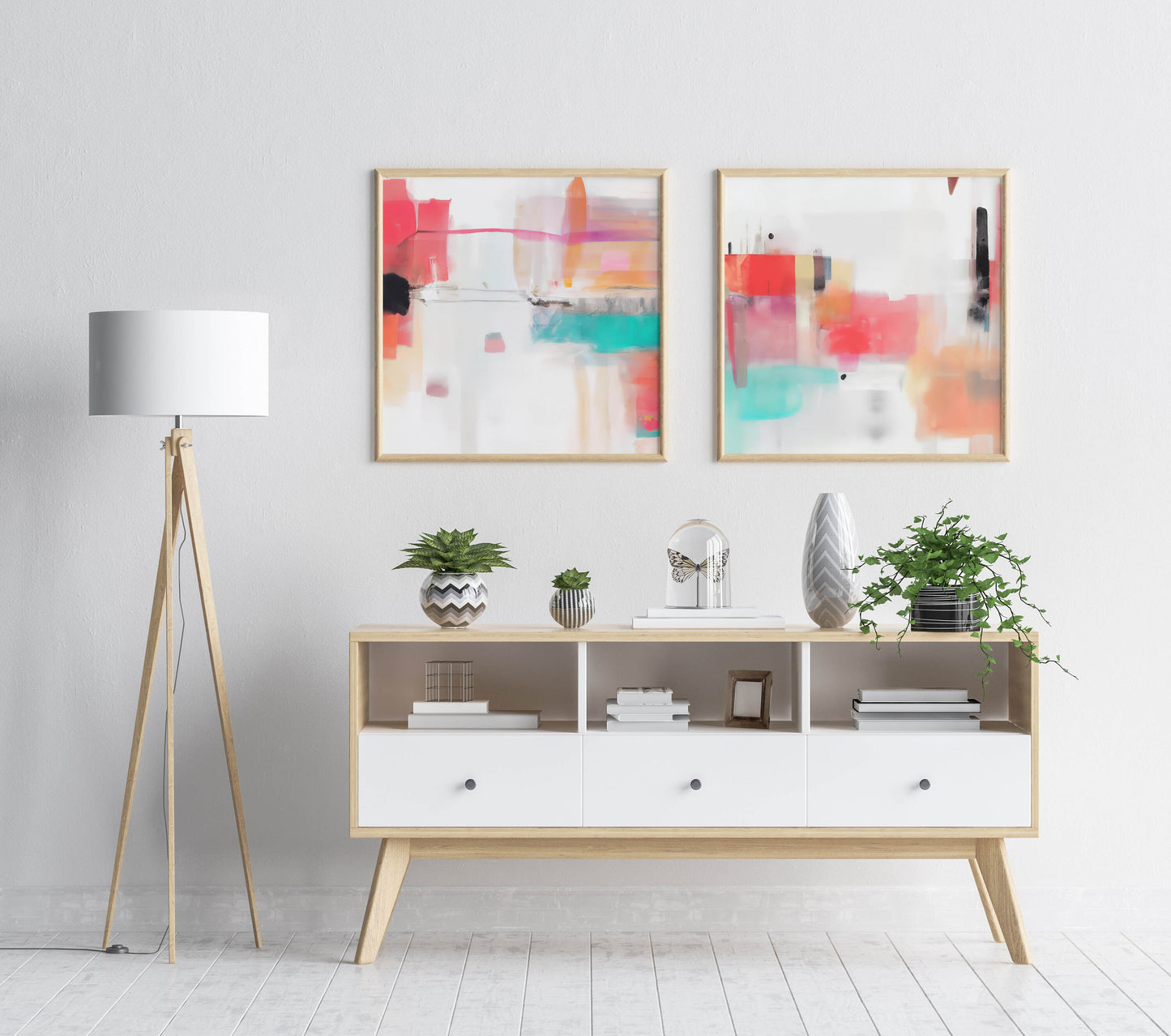 Set of 2 Boho Colorful Modern Paintings - Fun Abstract Square Digital Art Prints