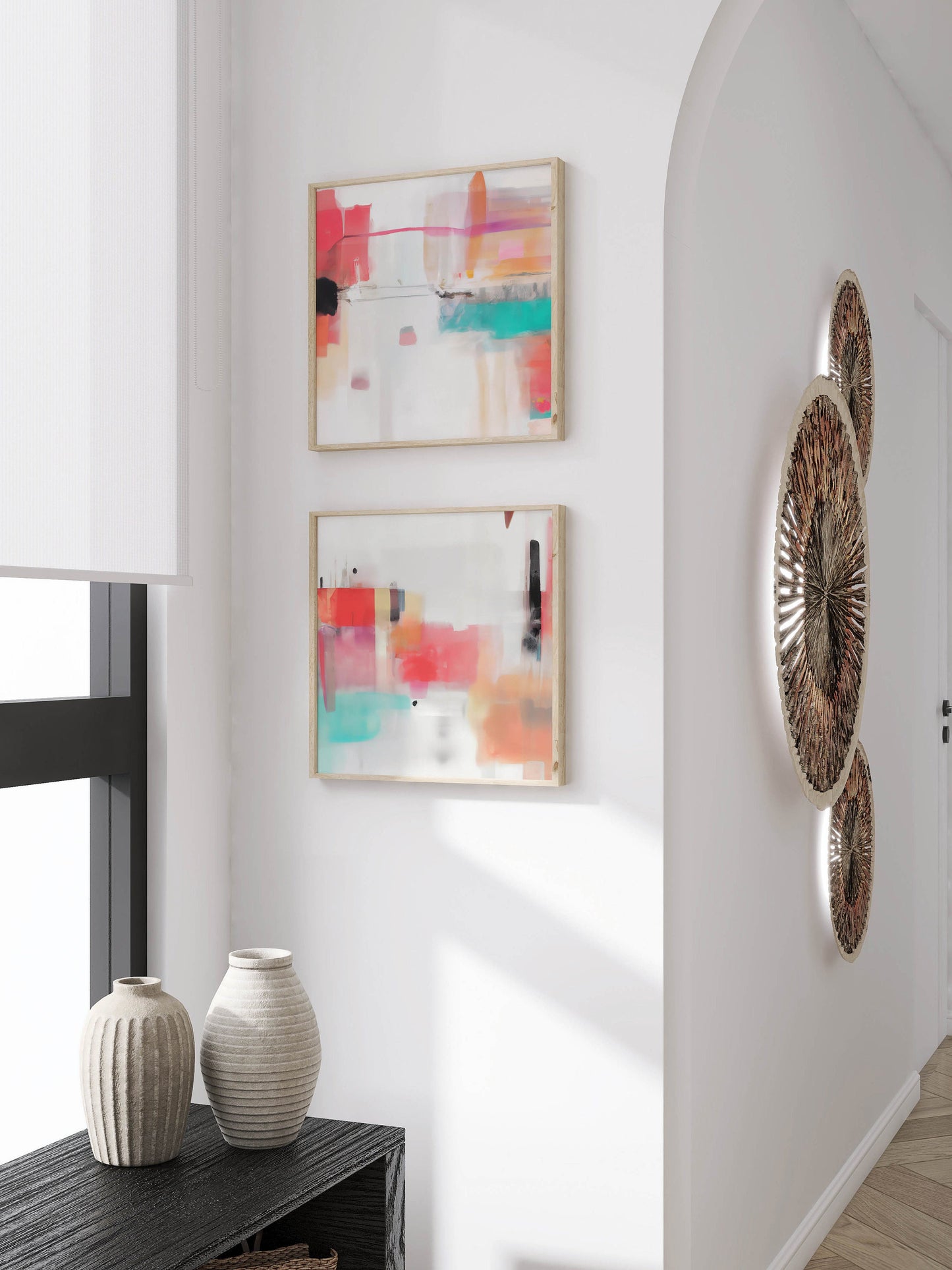 Set of 2 Boho Colorful Modern Paintings - Fun Abstract Square Digital Art Prints