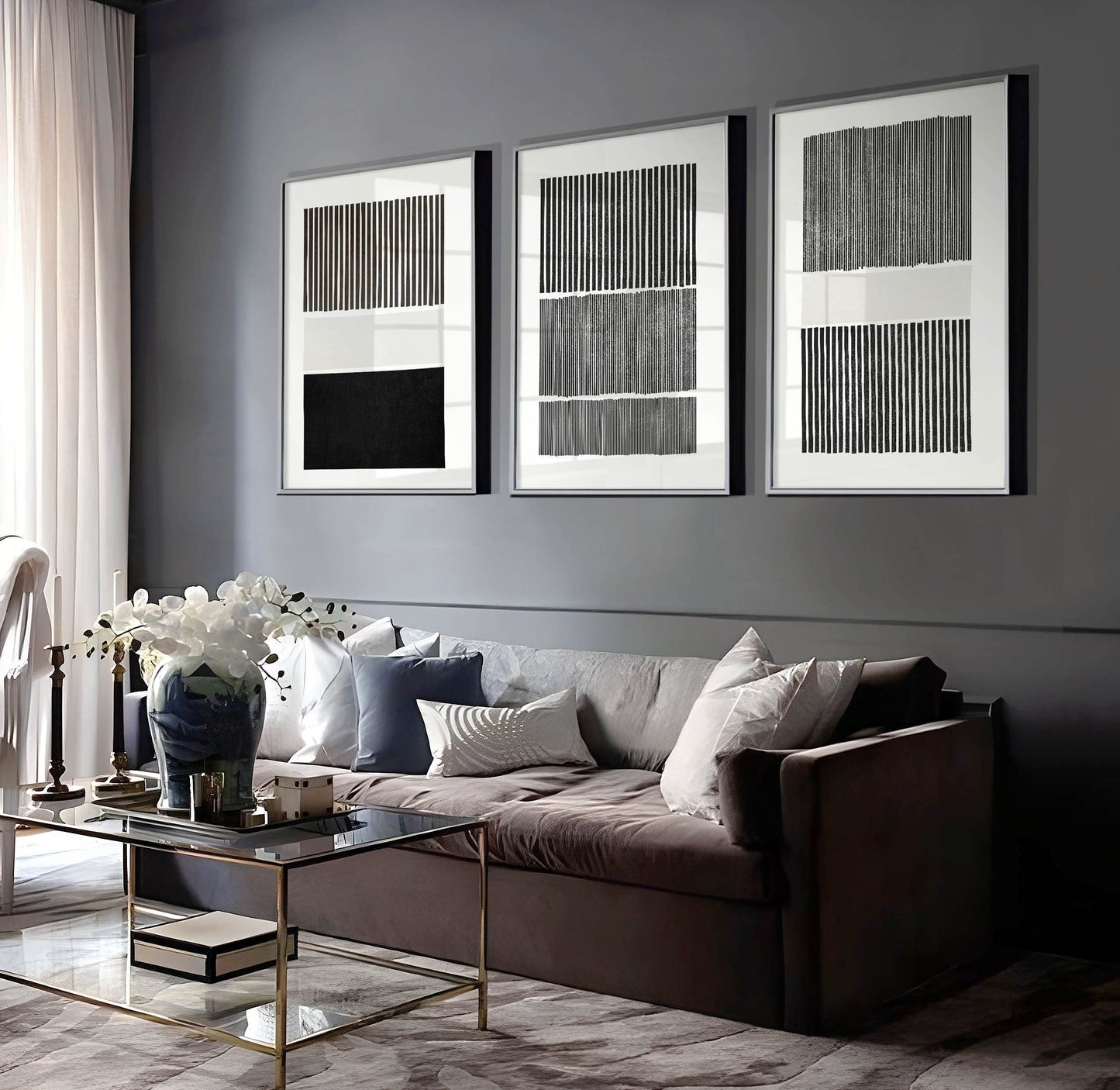 Set of 3 Black and White Abstract Line Art Prints