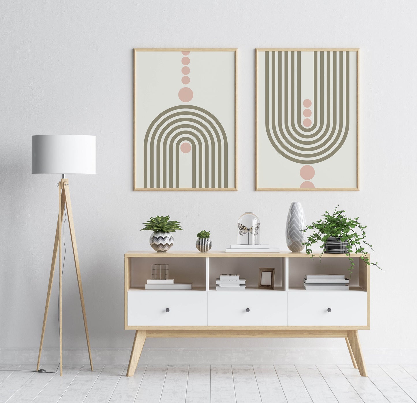 Set of 2 Boho Green and Pink Mid Century Art Prints