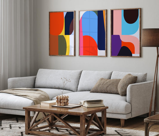 Set of 3 Bold Abstract Prints - Colorful Wall Art - Modern Geometric Shapes
