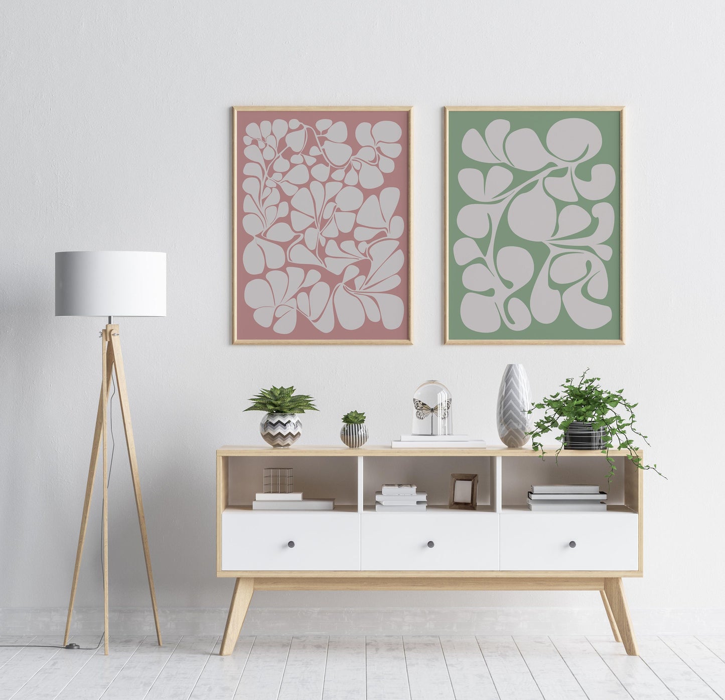 Set of 2 Pink and Green Boho Abstract Botanical Art Prints
