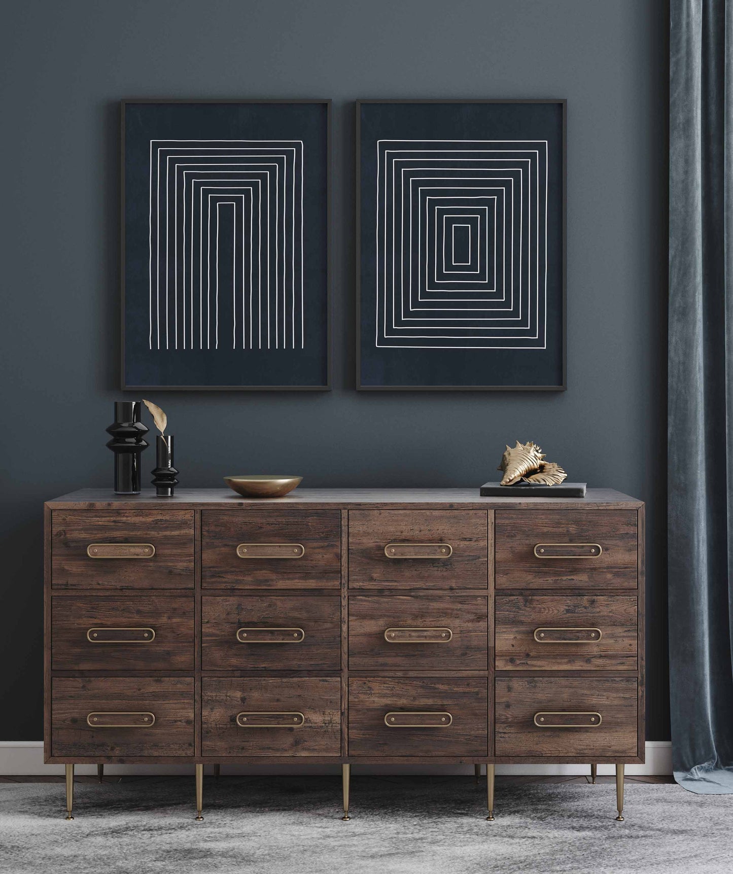 Set of 2 Blue Mid Century Modern Line Art Prints