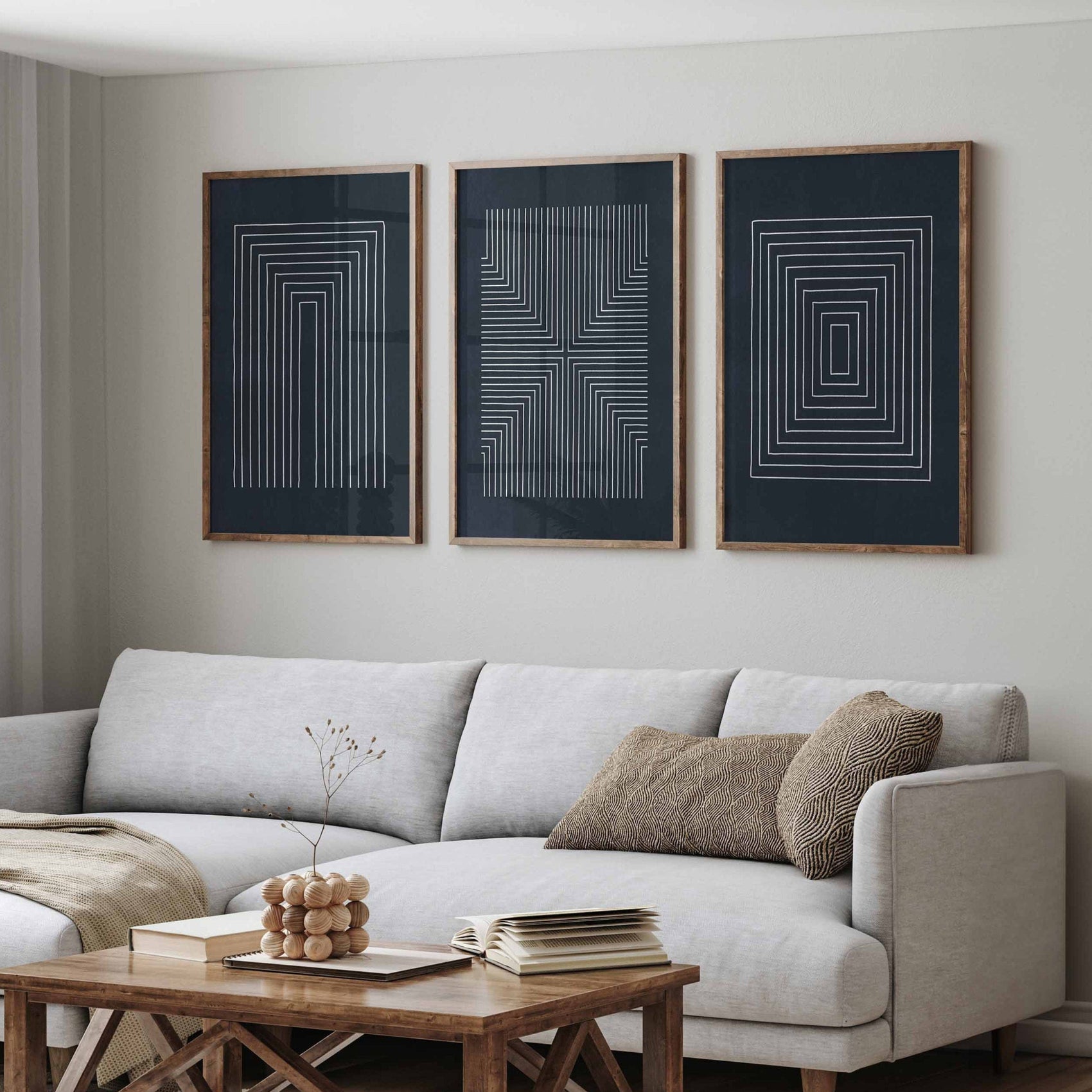 Set of 3 Navy Blue Geometric Line Art Prints