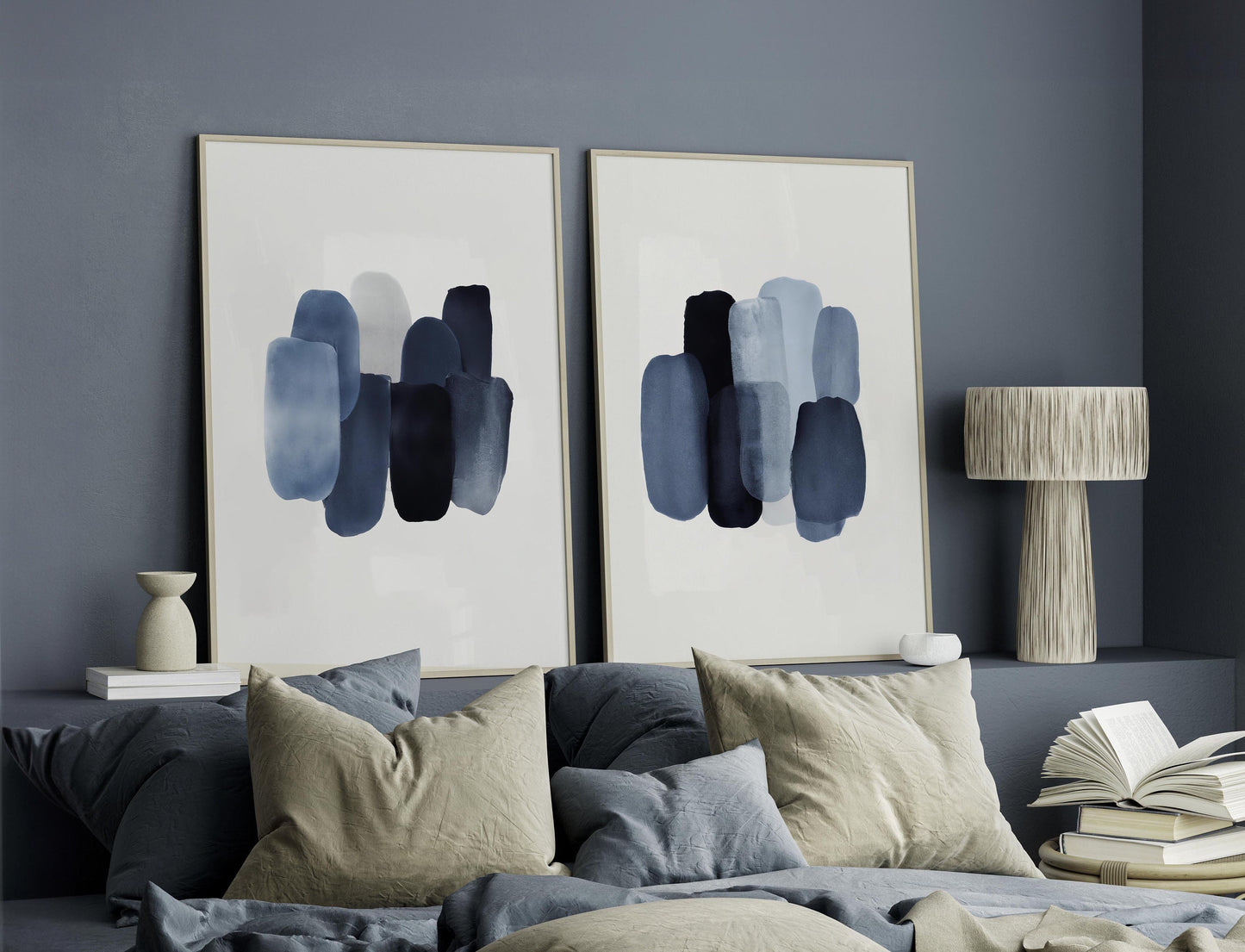 Set of 2 Blue Abstract Brush Strokes Art Watercolor Prints