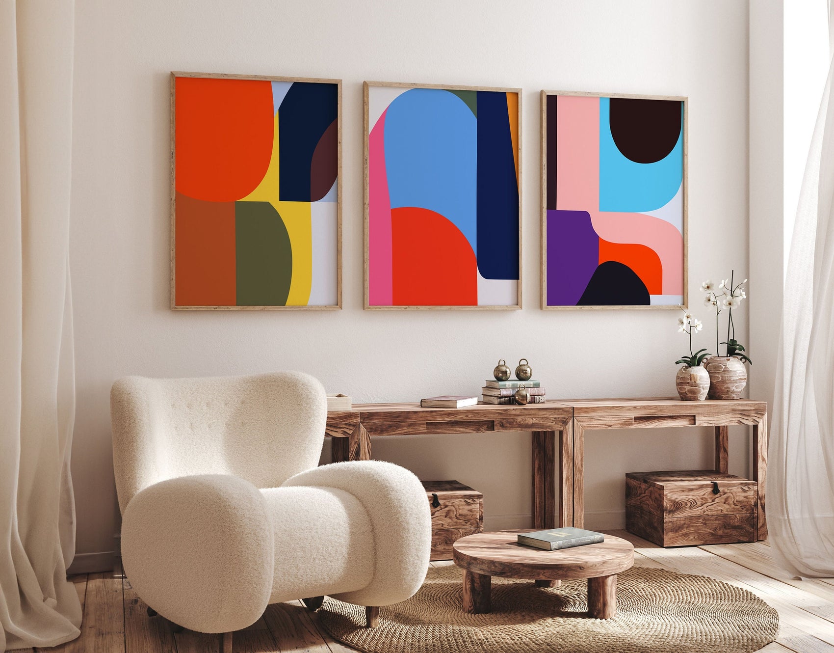 Set of 3 Bold Abstract Prints - Colorful Wall Art - Modern Geometric Shapes