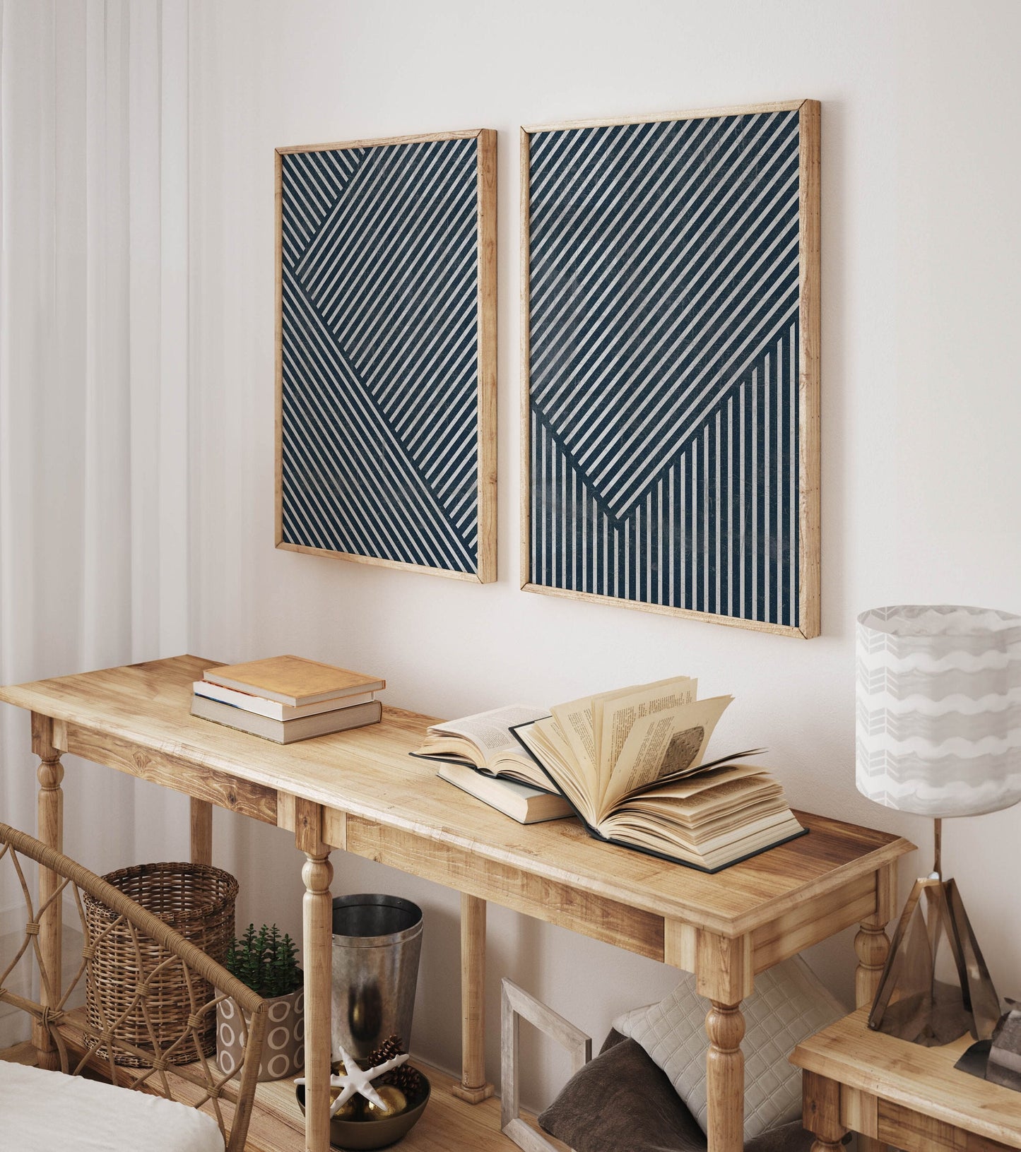 Set of 2 Modern Navy Blue Abstract Line Art Prints