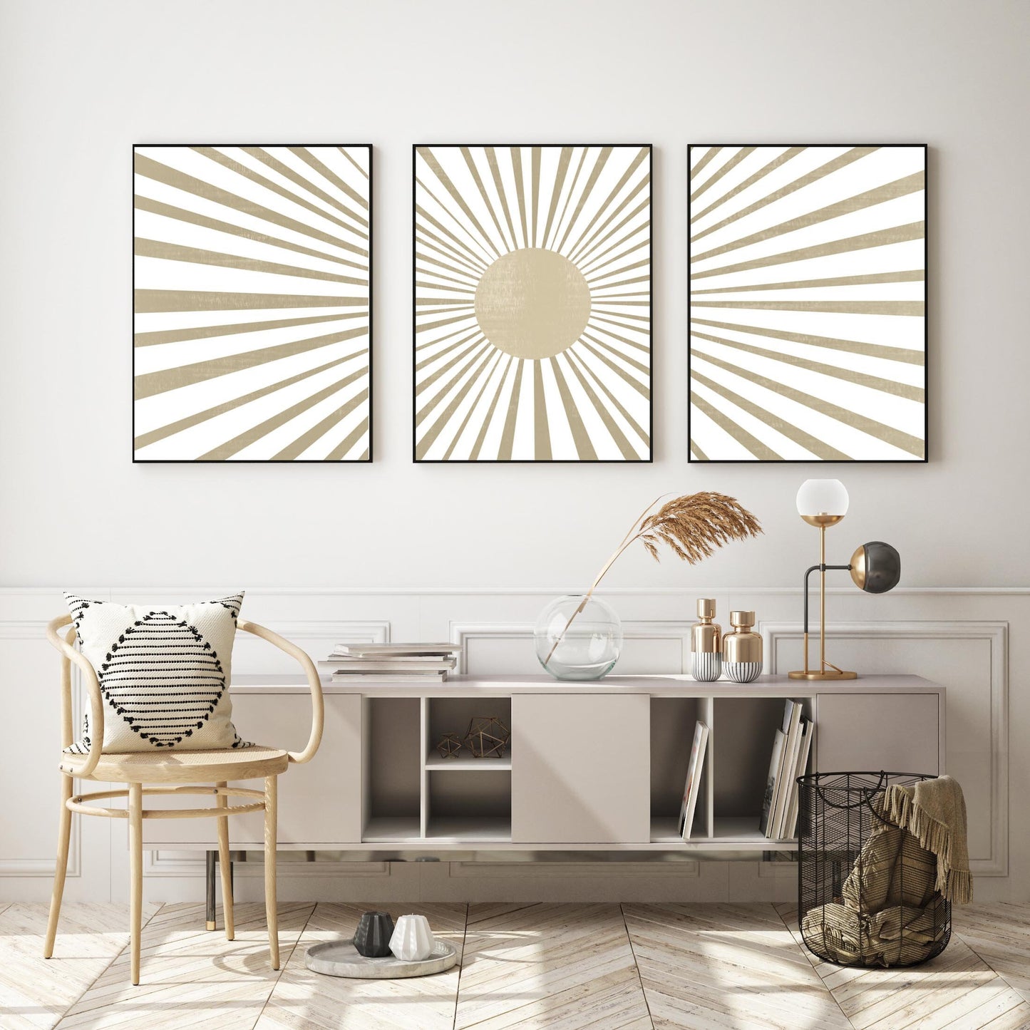 Set of 3 Boho Neutral Sun and Rays Art Prints
