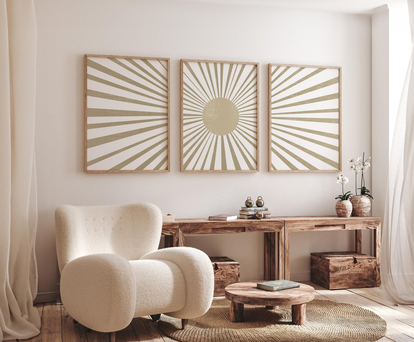 Set of 3 Boho Neutral Sun and Rays Art Prints