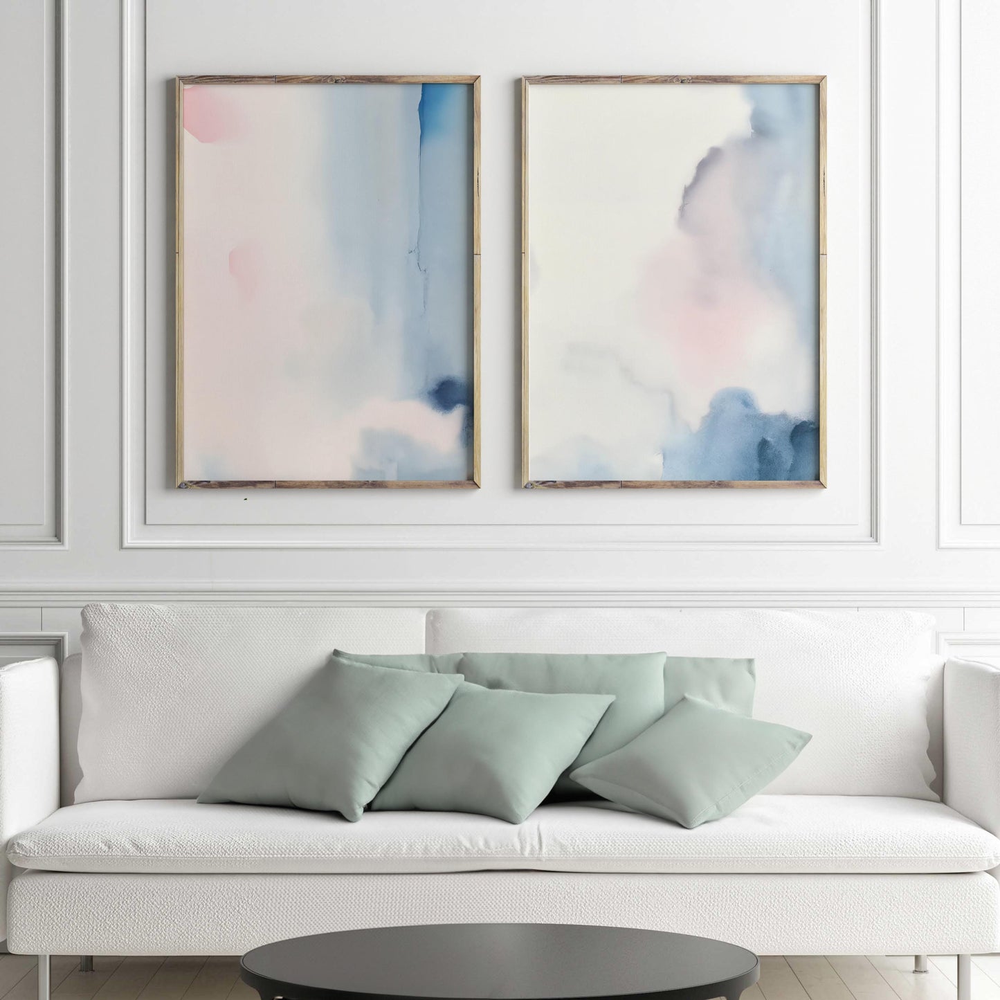 Set of 2 Blue and Pink Pastel Digital Abstract Watercolour Wash Prints