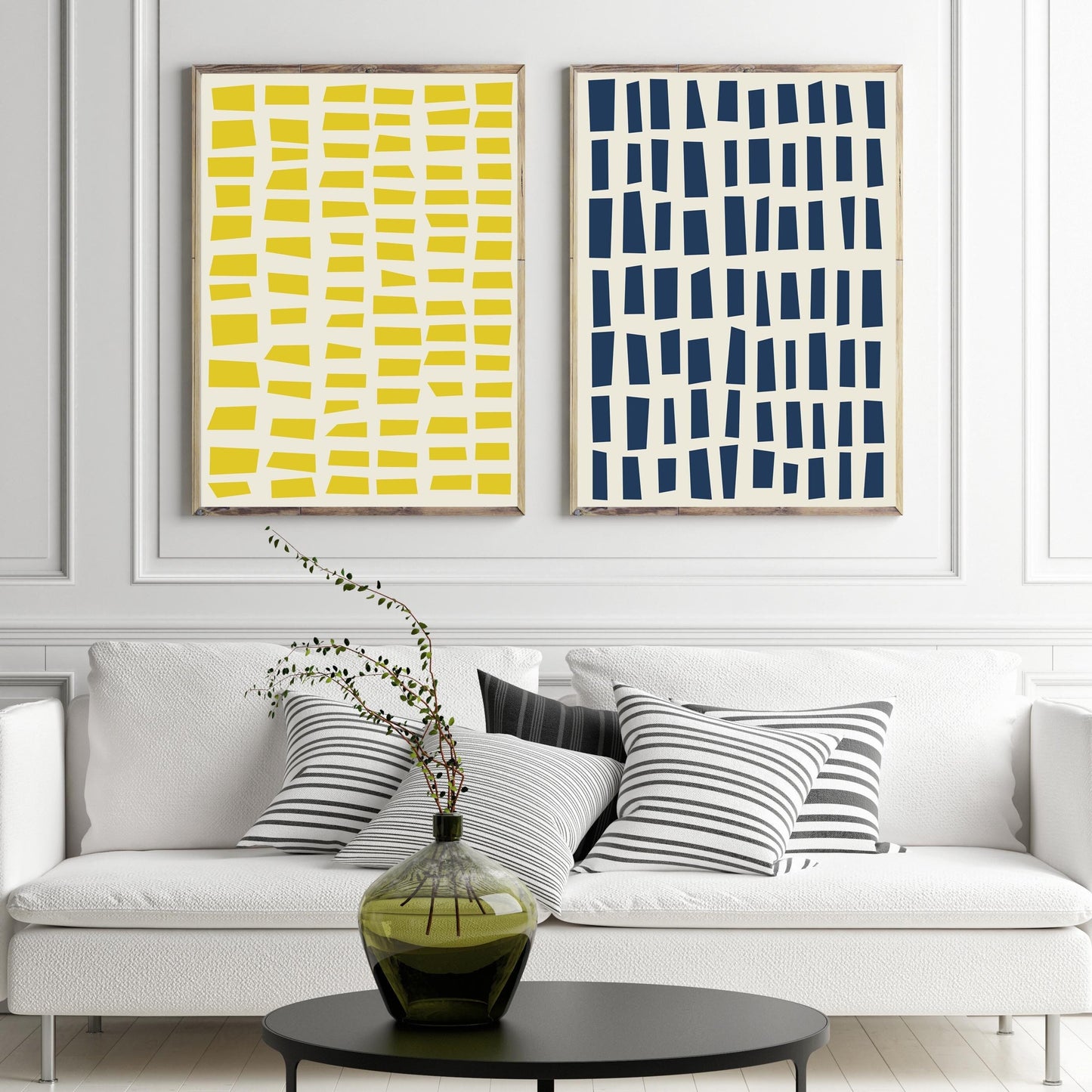 Set of 2 Blue and Yellow Abstract Line Art Prints