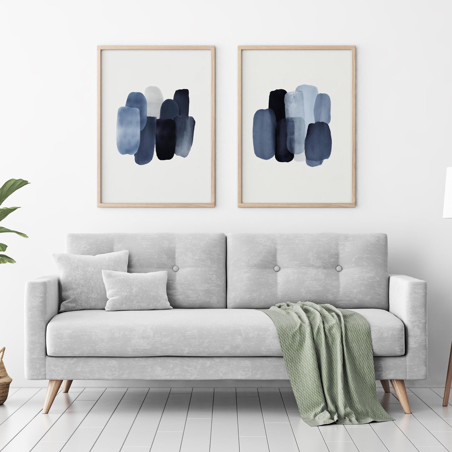 Set of 2 Blue Abstract Brush Strokes Art Watercolor Prints