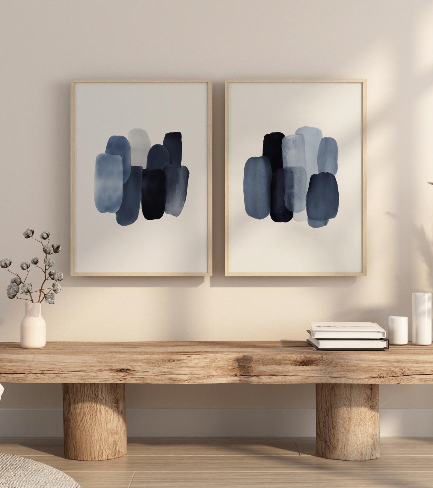 Set of 2 Blue Abstract Brush Strokes Art Watercolor Prints