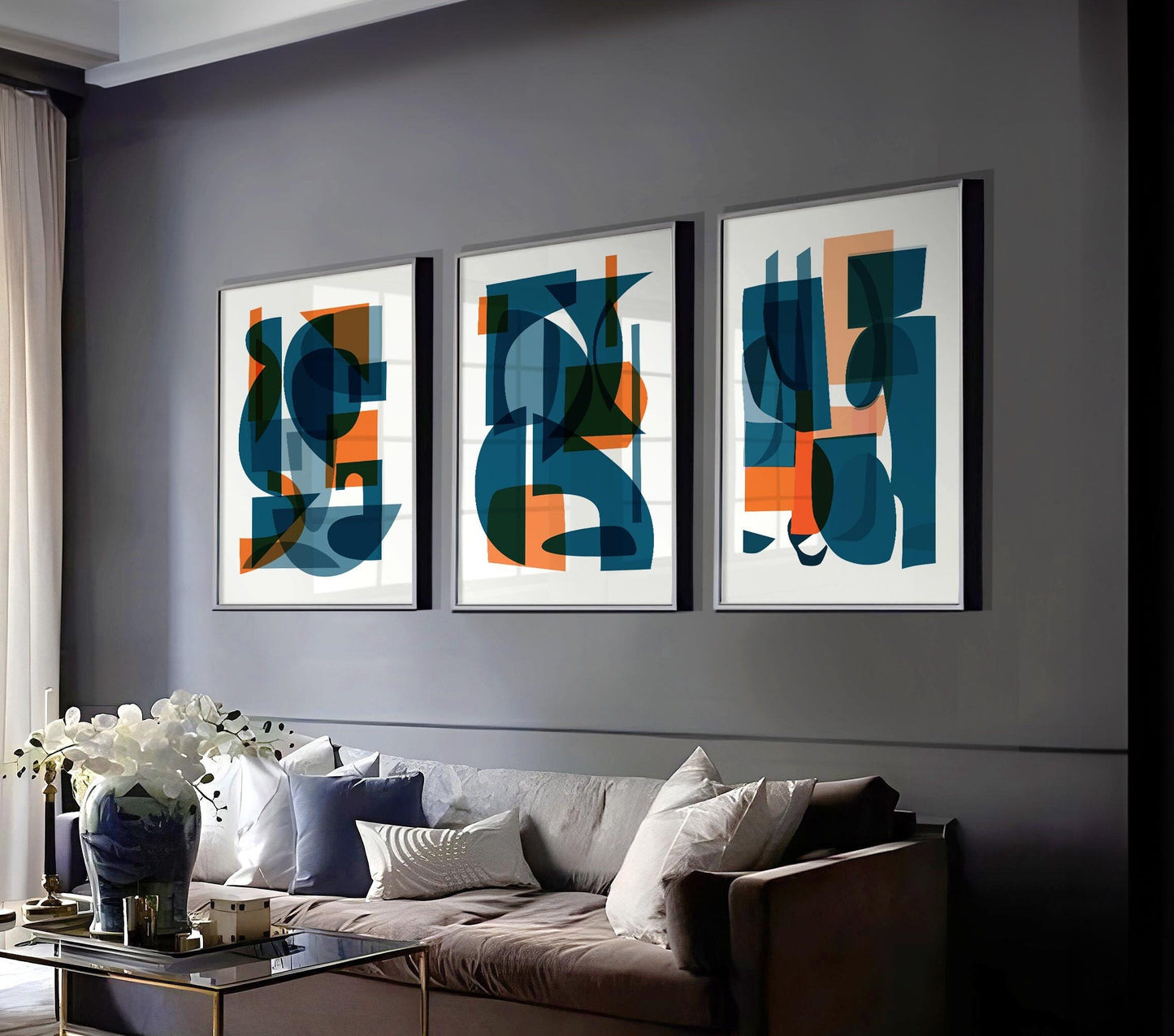 Set of 3 Mid Century Abstract Blue and Orange Wall Art Prints