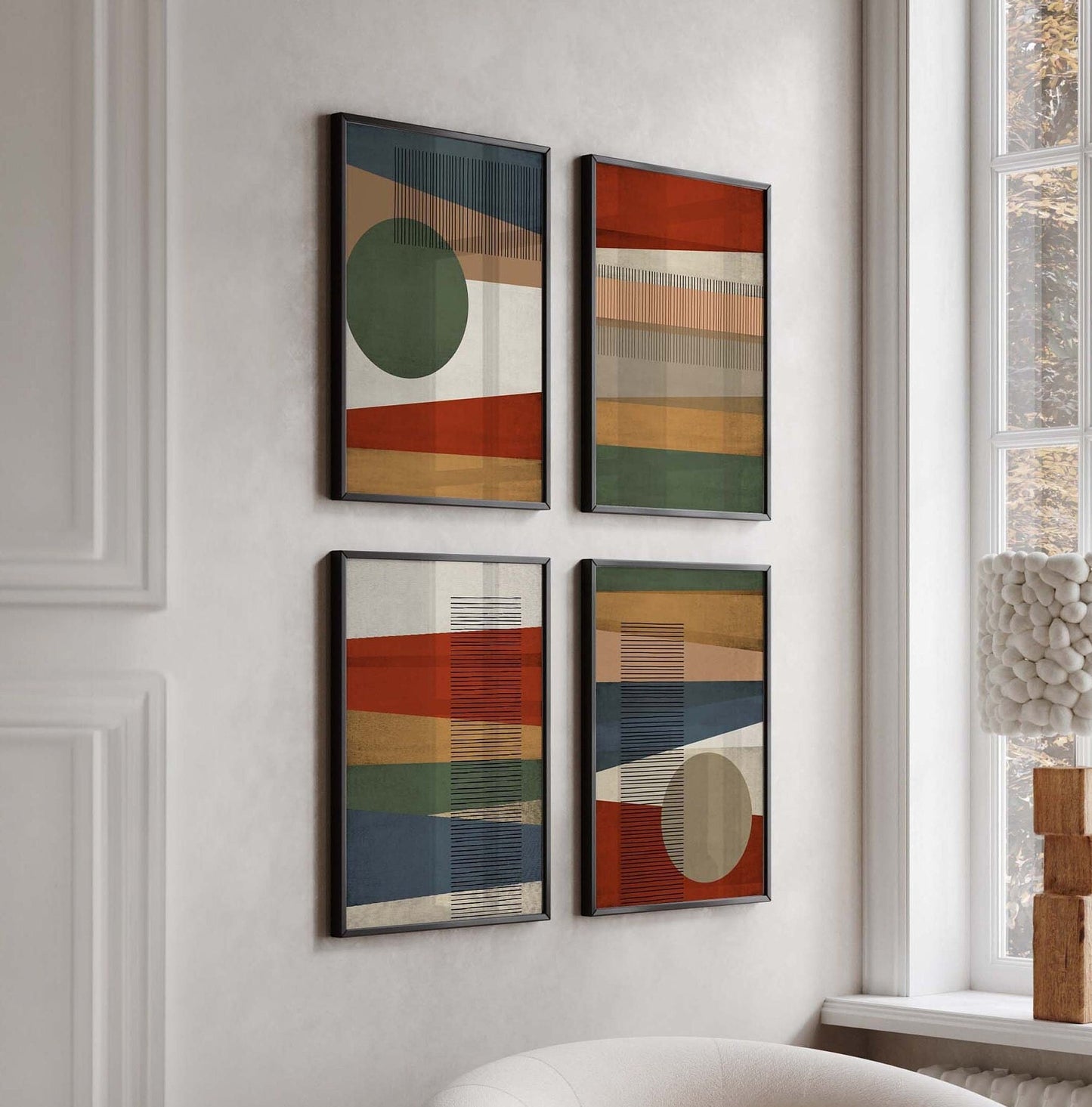 Set of 4 Colorful Unique Mid Century Prints, in Earth Tones
