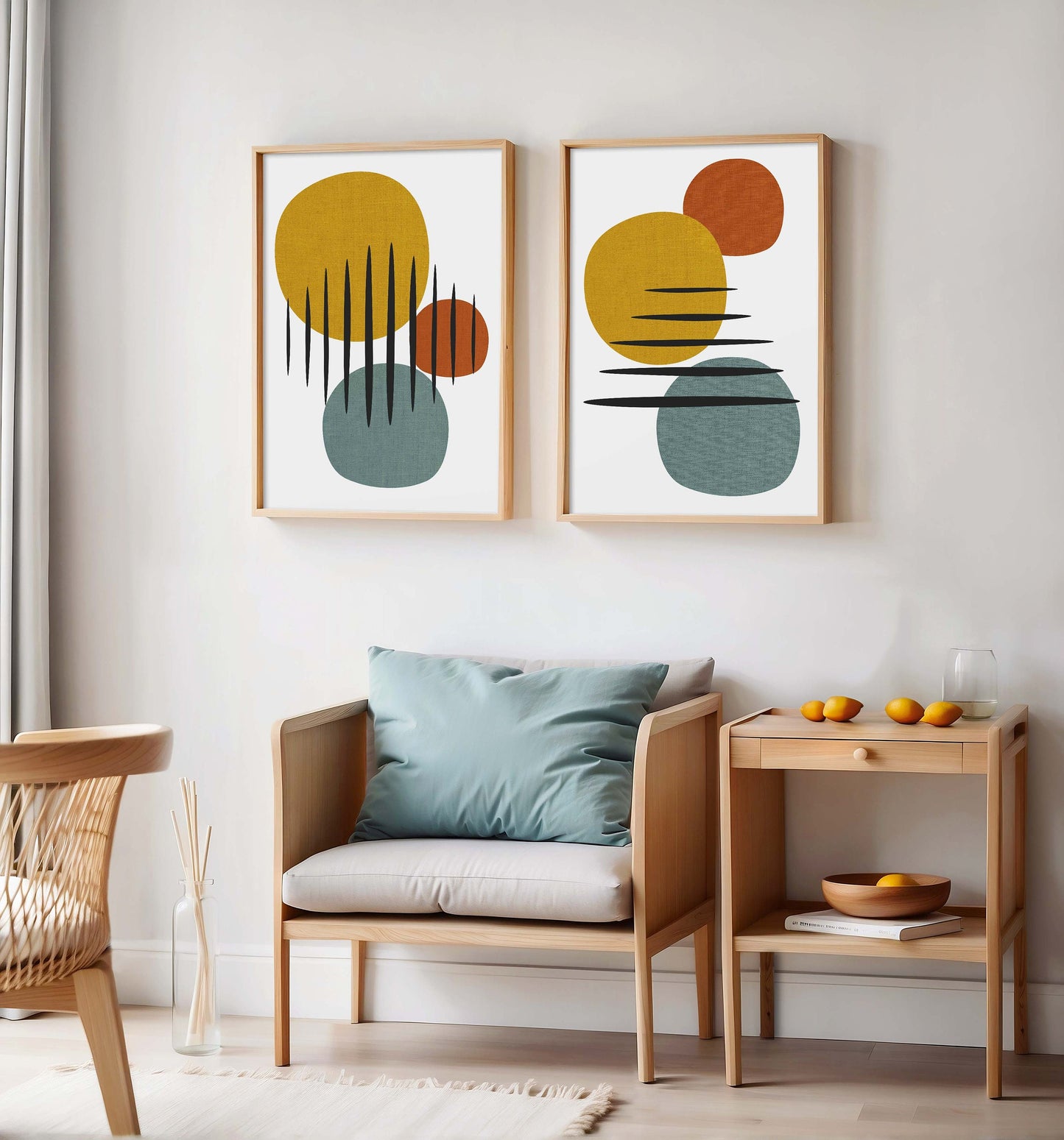 Set of 2 Mid Century Modern Art Prints - Yellow and Red Decor