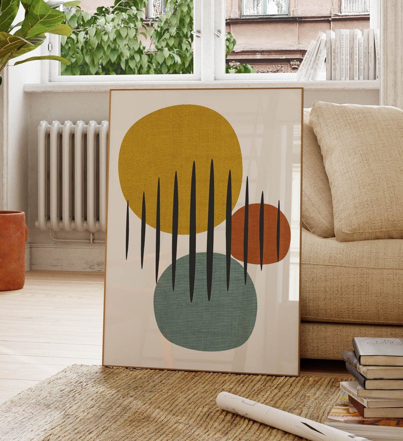 Set of 2 Mid Century Modern Art Prints - Yellow and Red Decor