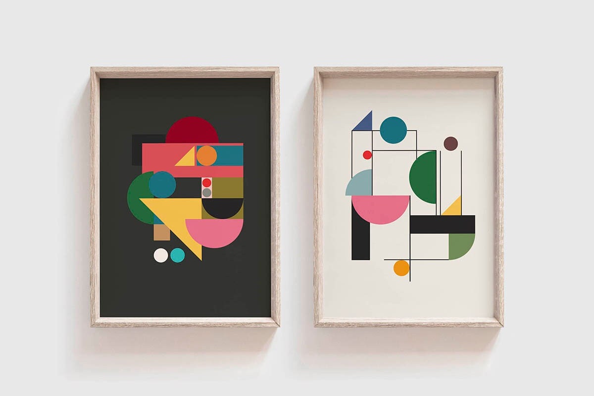 Set of 2 Colorful Bauhaus Abstract Prints