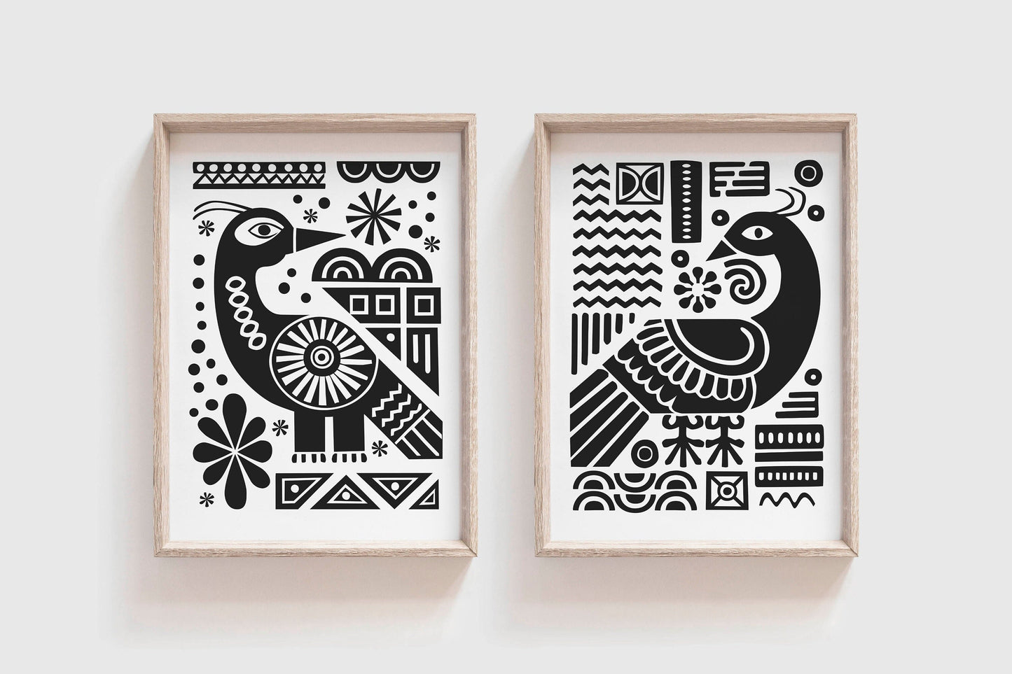 Set of 2 Scandi Folk Bird Abstract Art Prints