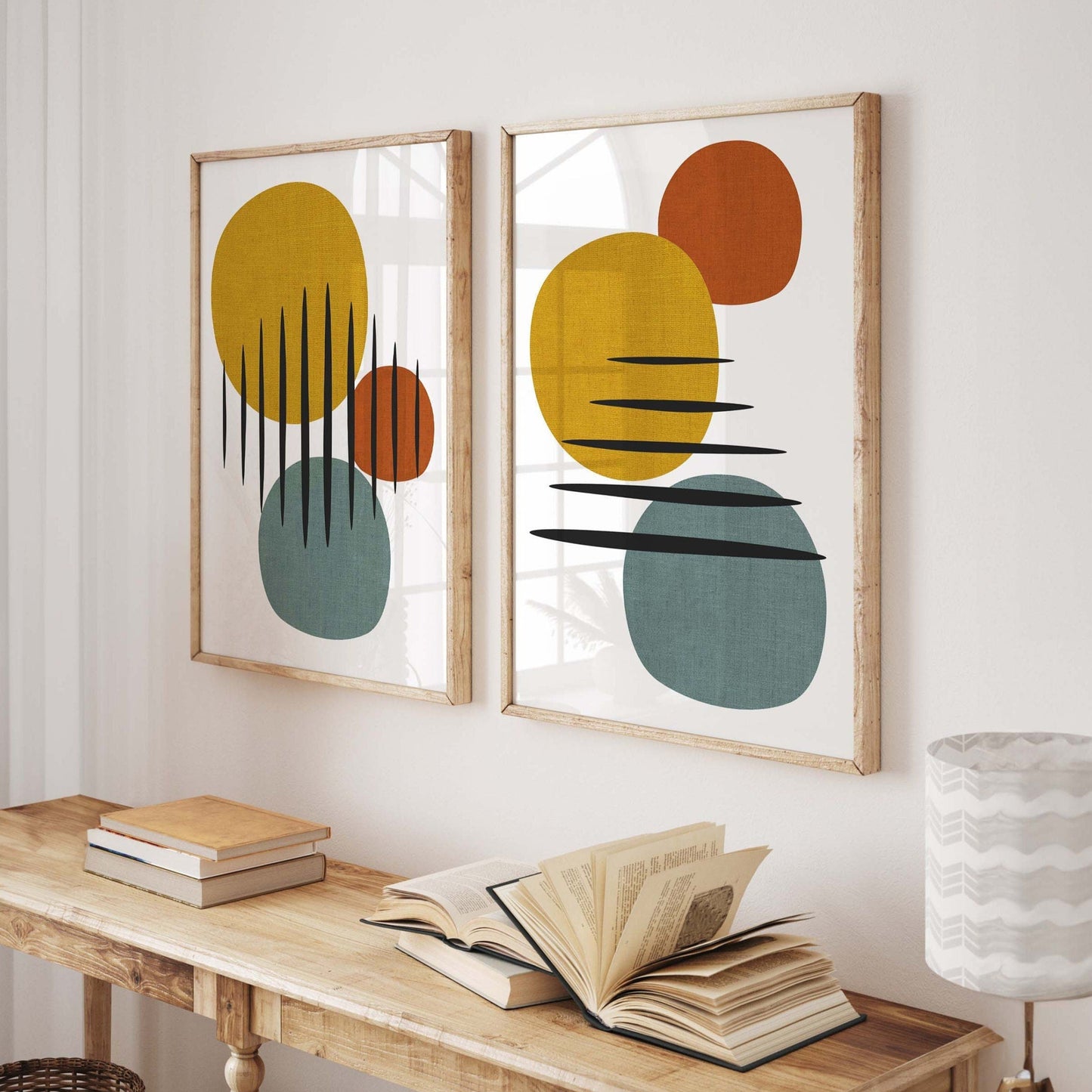 Set of 2 Mid Century Modern Art Prints - Yellow and Red Decor