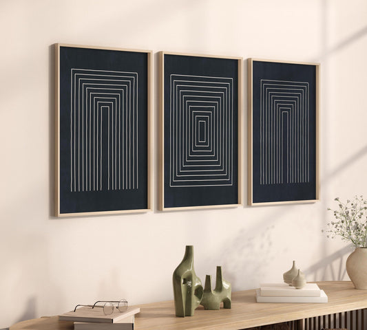 Set of 3 Navy Blue Geometric Line Art Prints