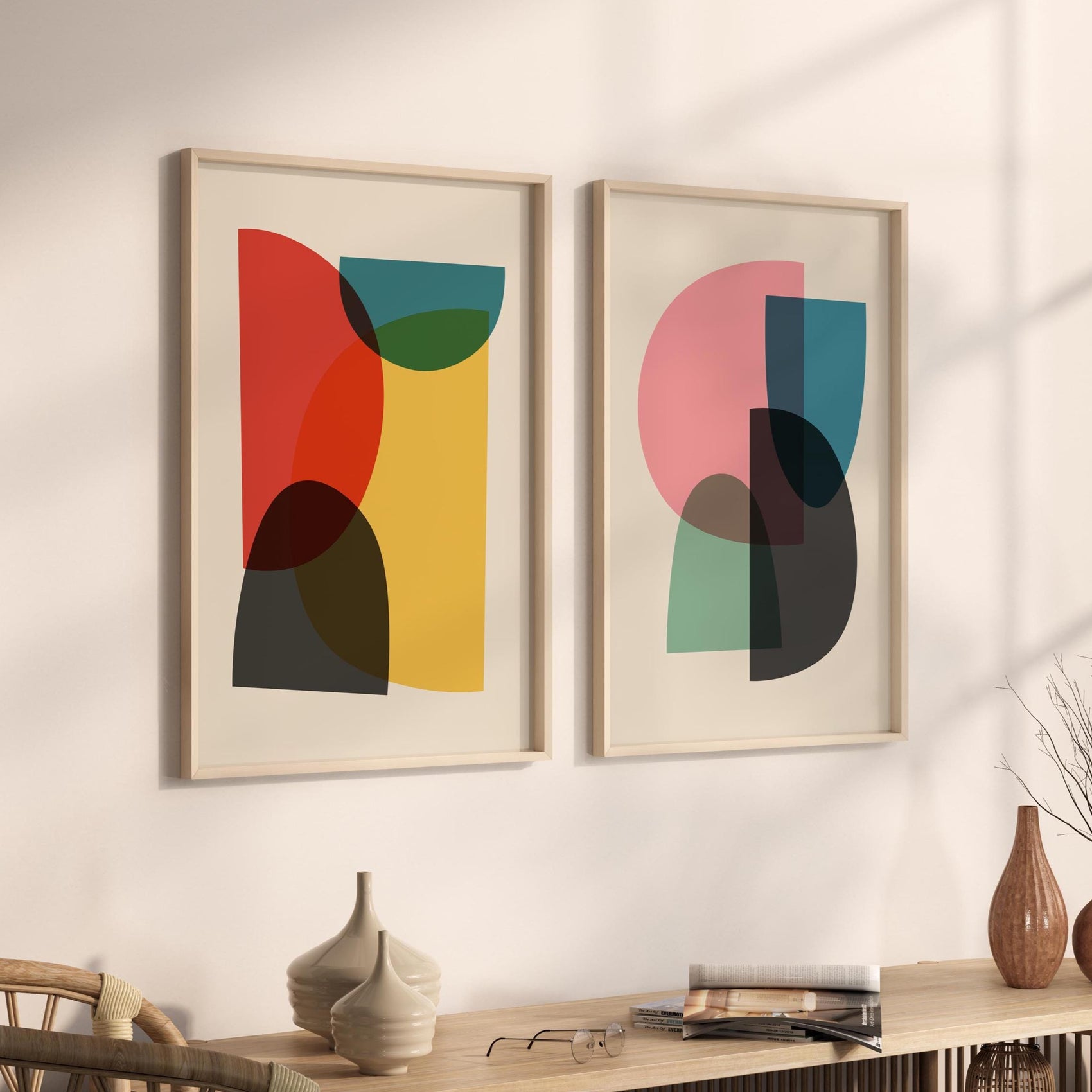 Set of 2 Bright and Colorful Mid Century Modern Art Prints