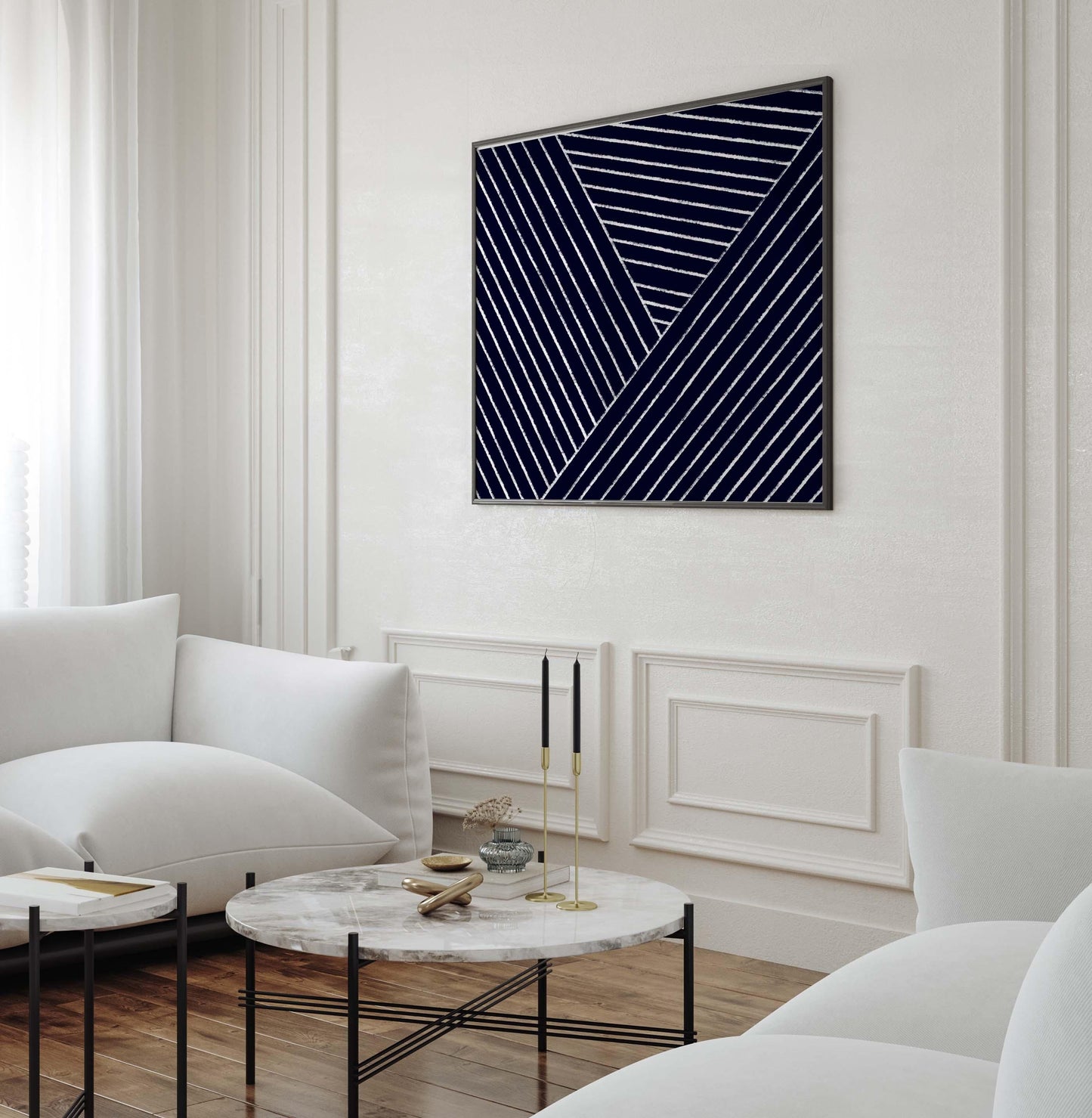 Large Navy Blue Modern Line Art Square Print