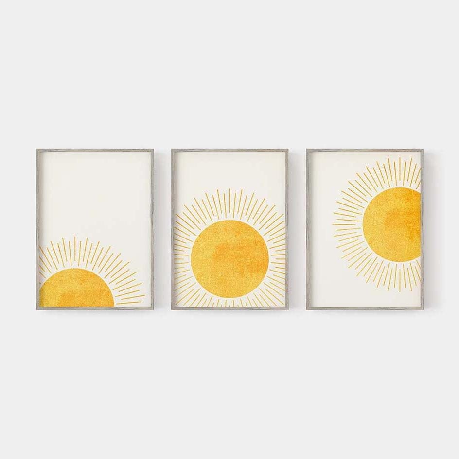 Set of 3 Yellow Boho Abstract Rising Sun Art Prints