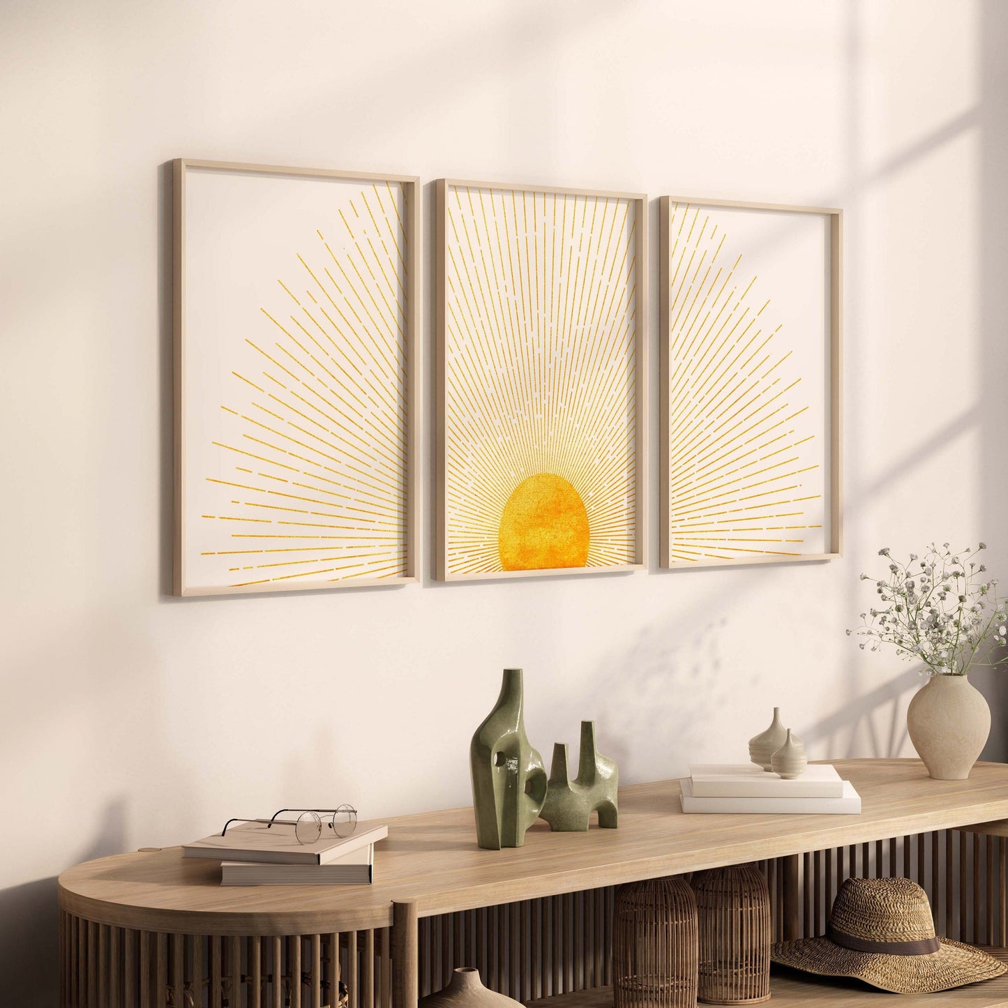 Set of 3 Yellow Boho Sunrise Wall Art Prints