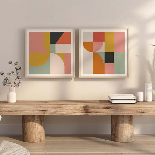 Set of 2 Cute Pastel Geometric Prints – Mid Century Modern Square Wall Art