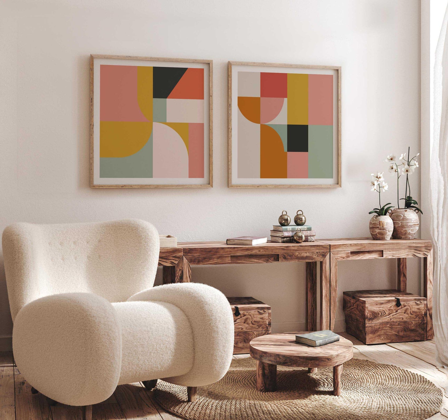 Set of 2 Cute Pastel Geometric Prints – Mid Century Modern Square Wall Art