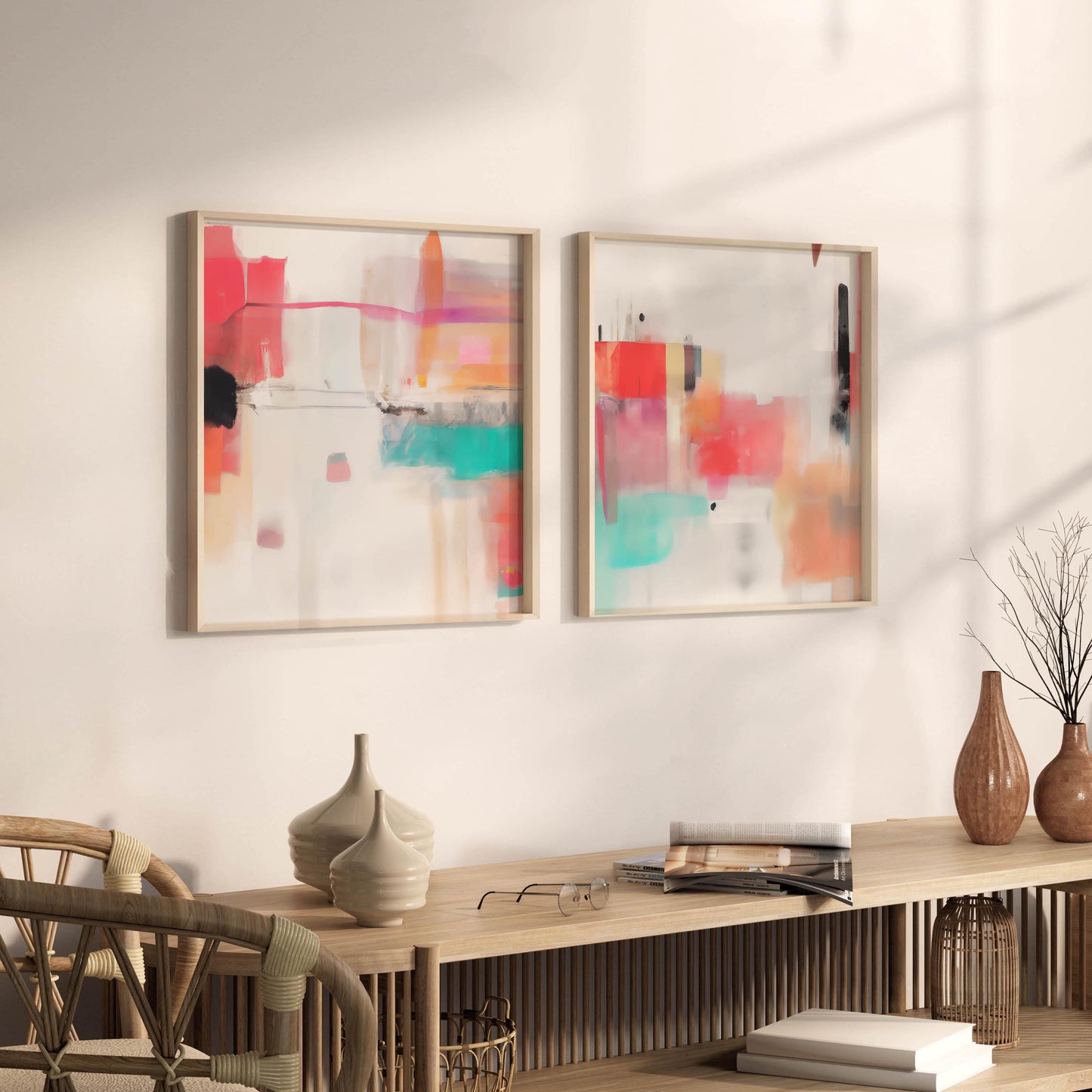 Set of 2 Boho Colorful Modern Paintings - Fun Abstract Square Digital Art Prints