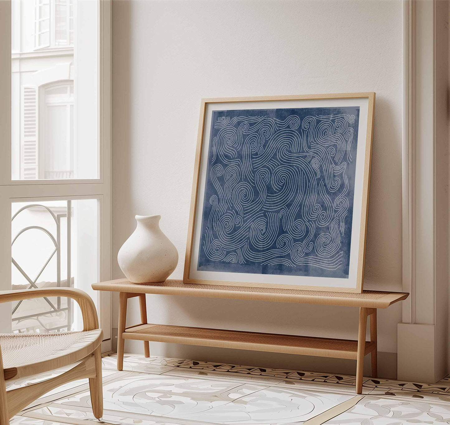 Blue Wave Line Art Print - Modern Square Abstract Ocean-Inspired Design