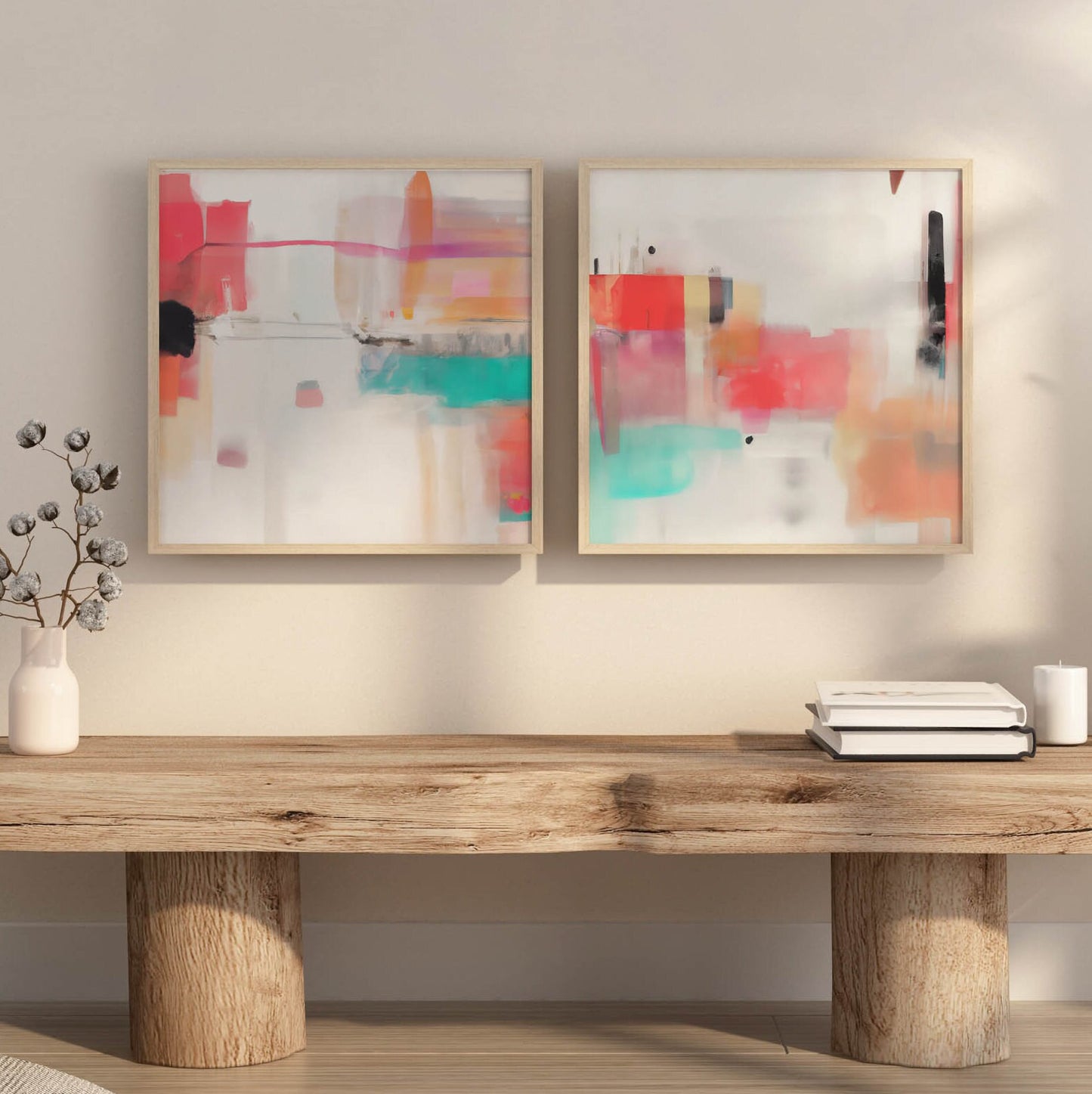 Set of 2 Boho Colorful Modern Paintings - Fun Abstract Square Digital Art Prints