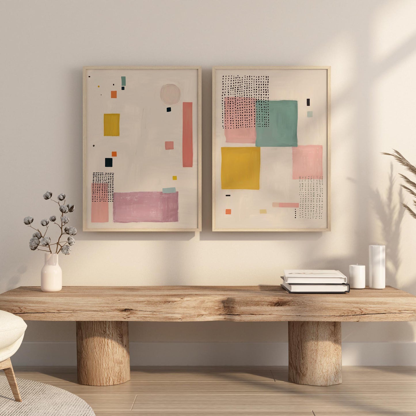 Set of 2 Cute Pastel Paintings - Modern Abstract Wall Art in Soft Pastels