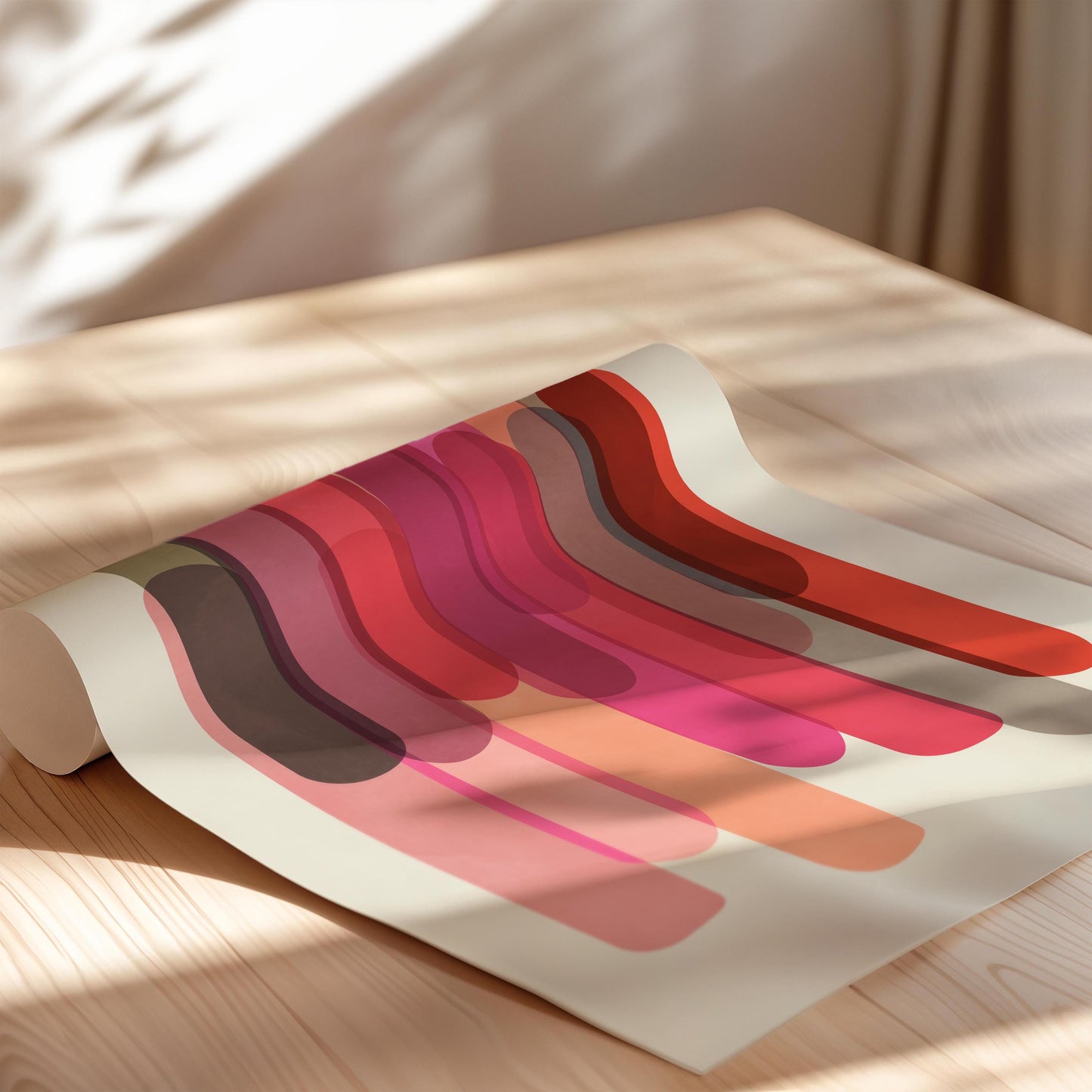 Cute Modern Abstract Art Print - Warm Pink and Red Shapes on Cream