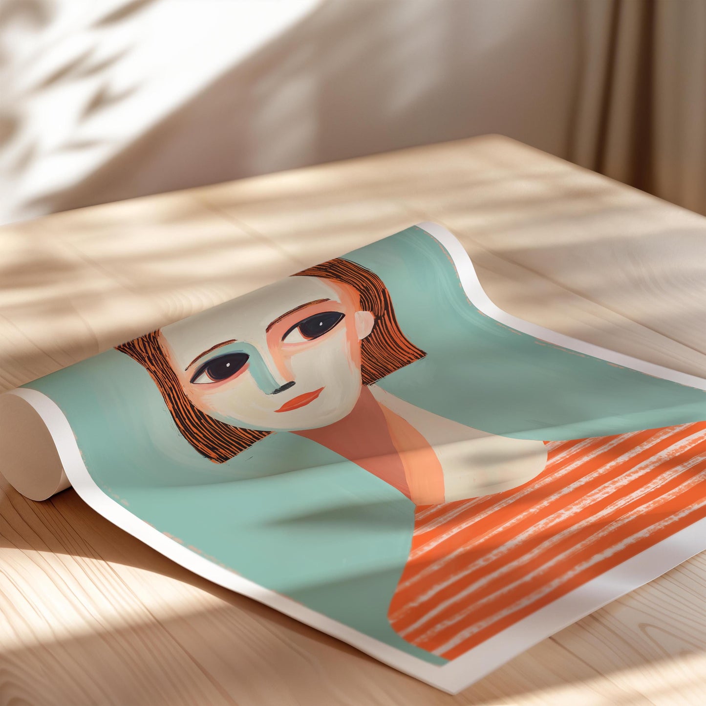 Modern Girl Portrait Print - Abstract Figurative Blue and Peach Art
