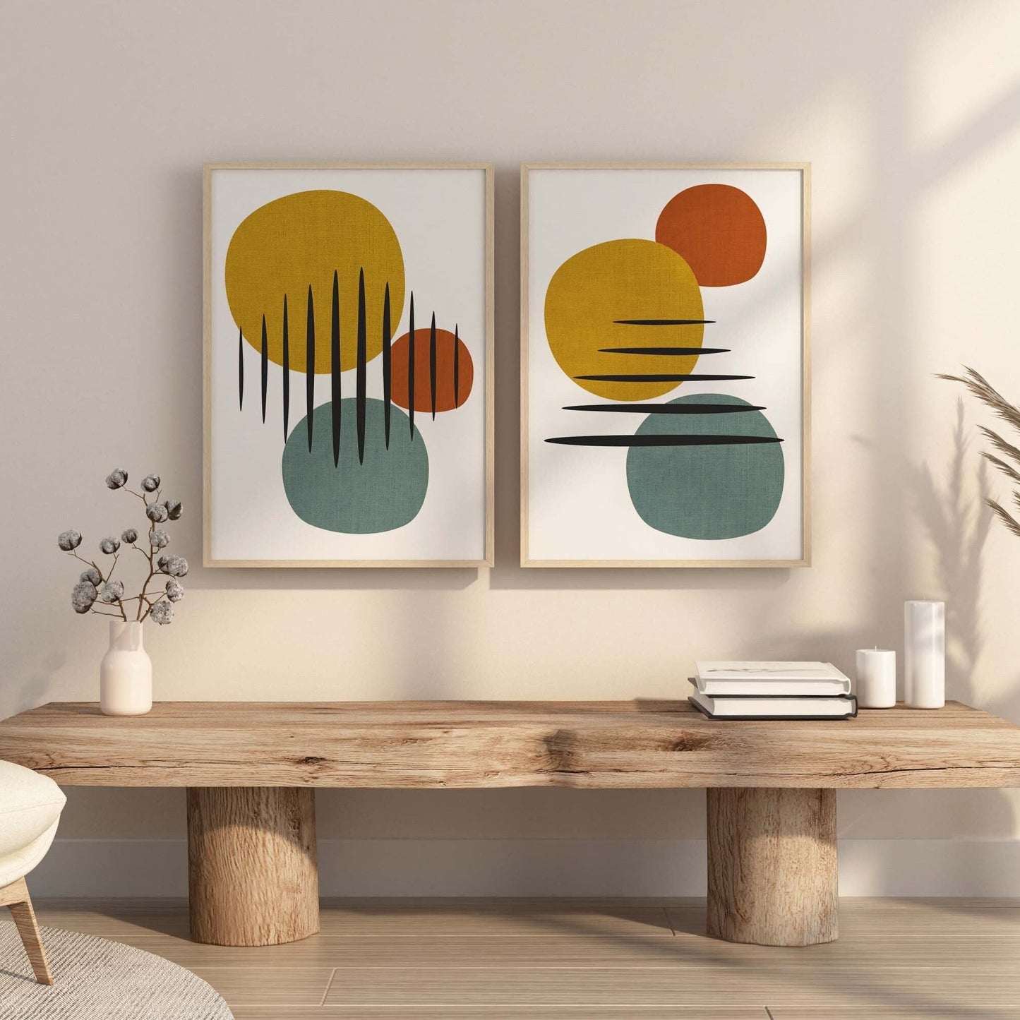 Set of 2 Mid Century Modern Art Prints - Yellow and Red Decor