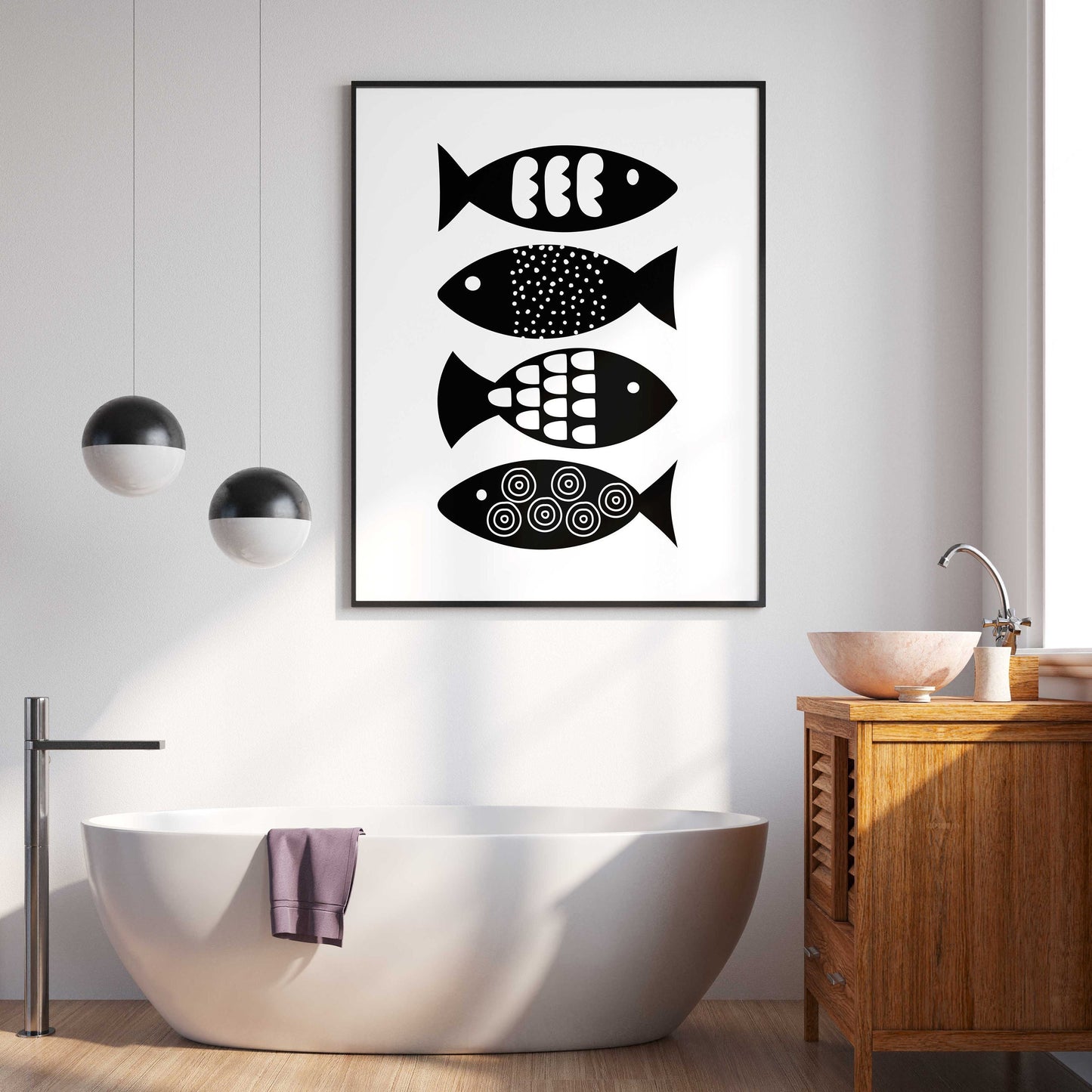 Cool Black and White Abstract Fish Print, for the Bathroom