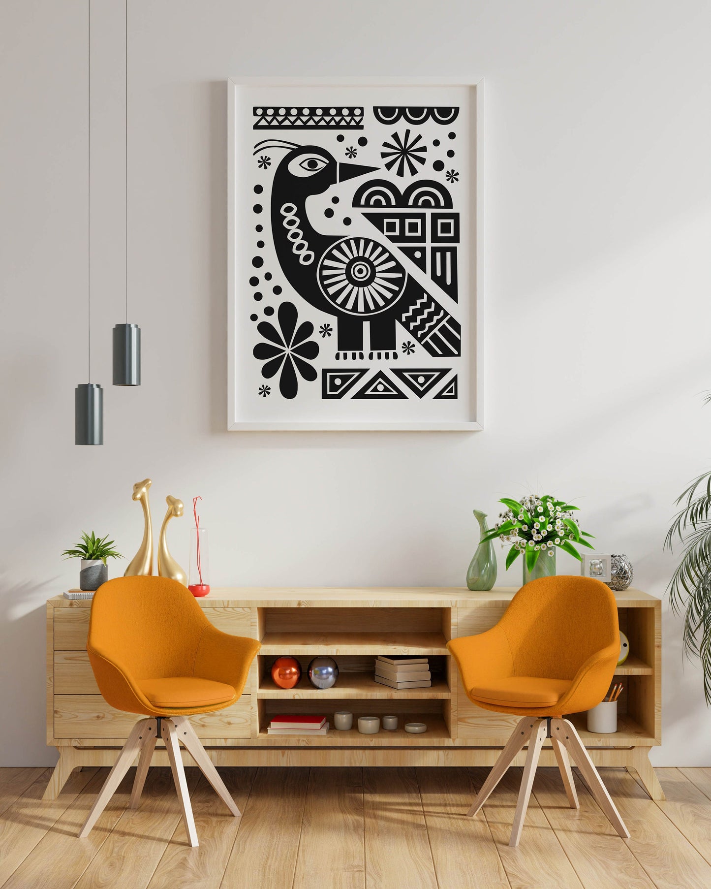 Black and White Pretty Scandinavian Folk Art Print