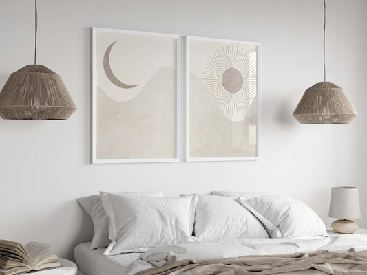 Boho Set of 2 Neutral Sun and Moon Art Prints