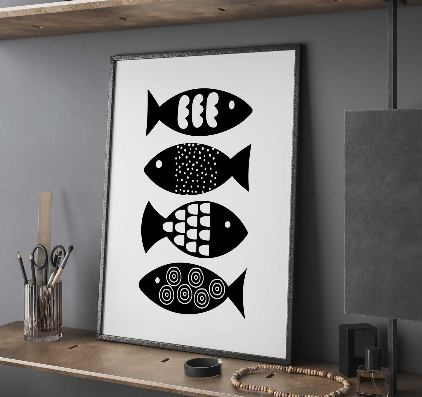 Cool Black and White Abstract Fish Print, for the Bathroom