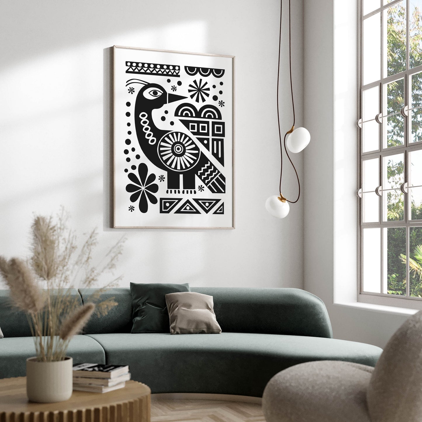 Black and White Pretty Scandinavian Folk Art Print