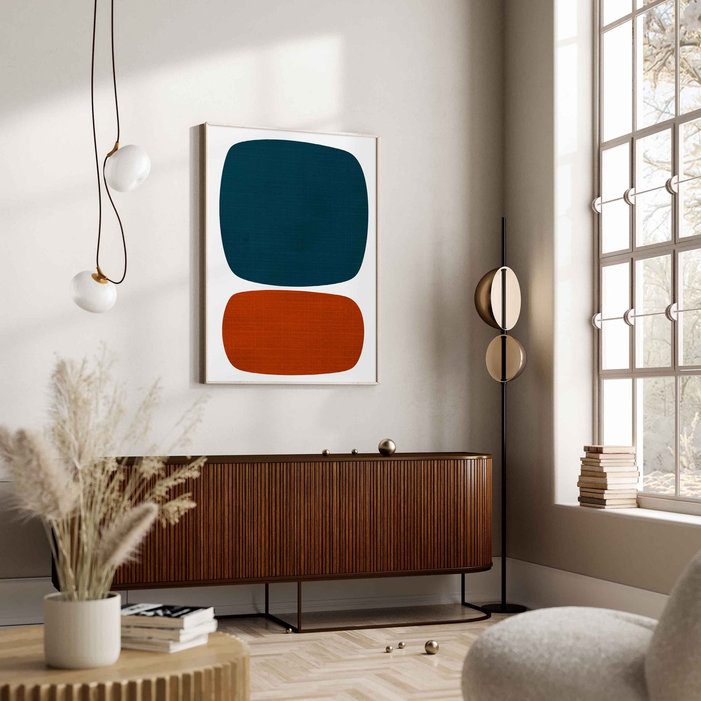 Orange and Blue Mid Century Modern, Abstract Wall Art Print